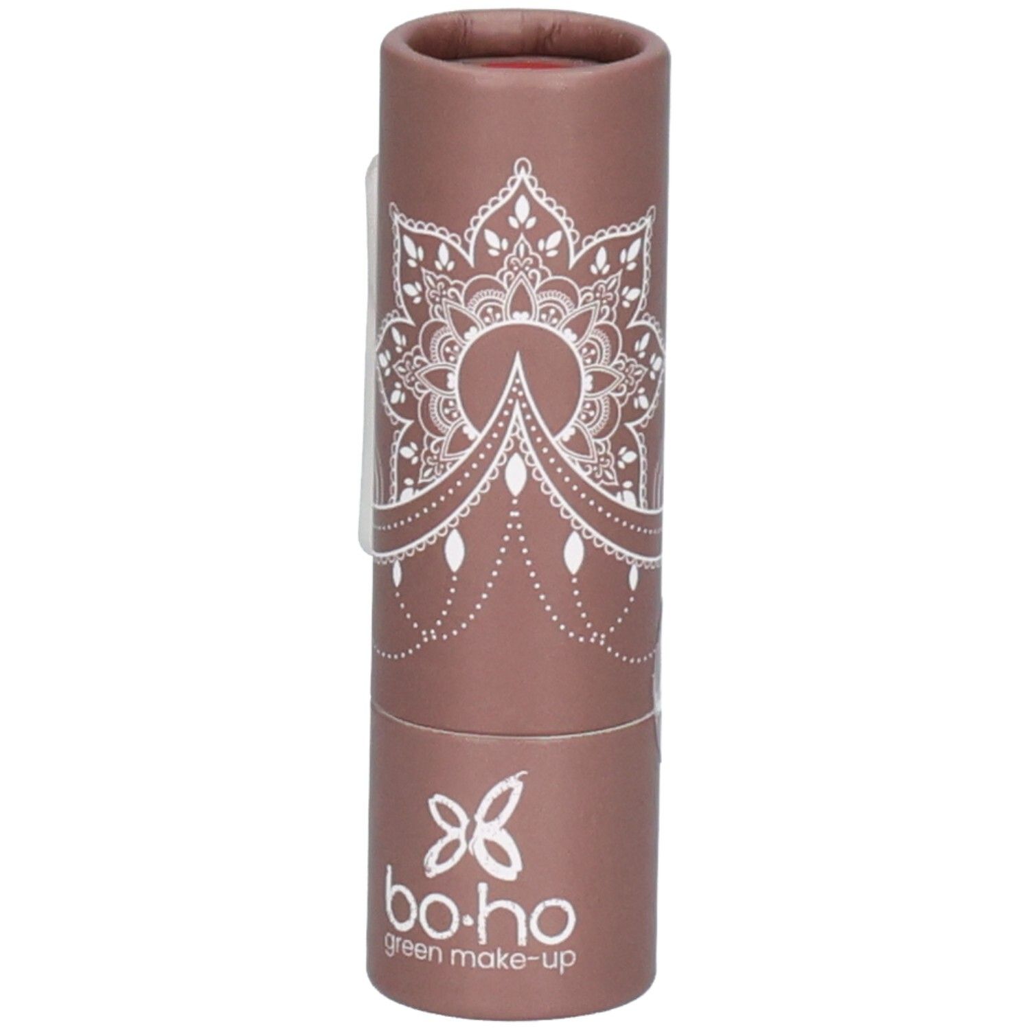 Lippenstift in bruine kartonnen verpakking. Wit mandala patroon. Merk: bo.ho green make-up.