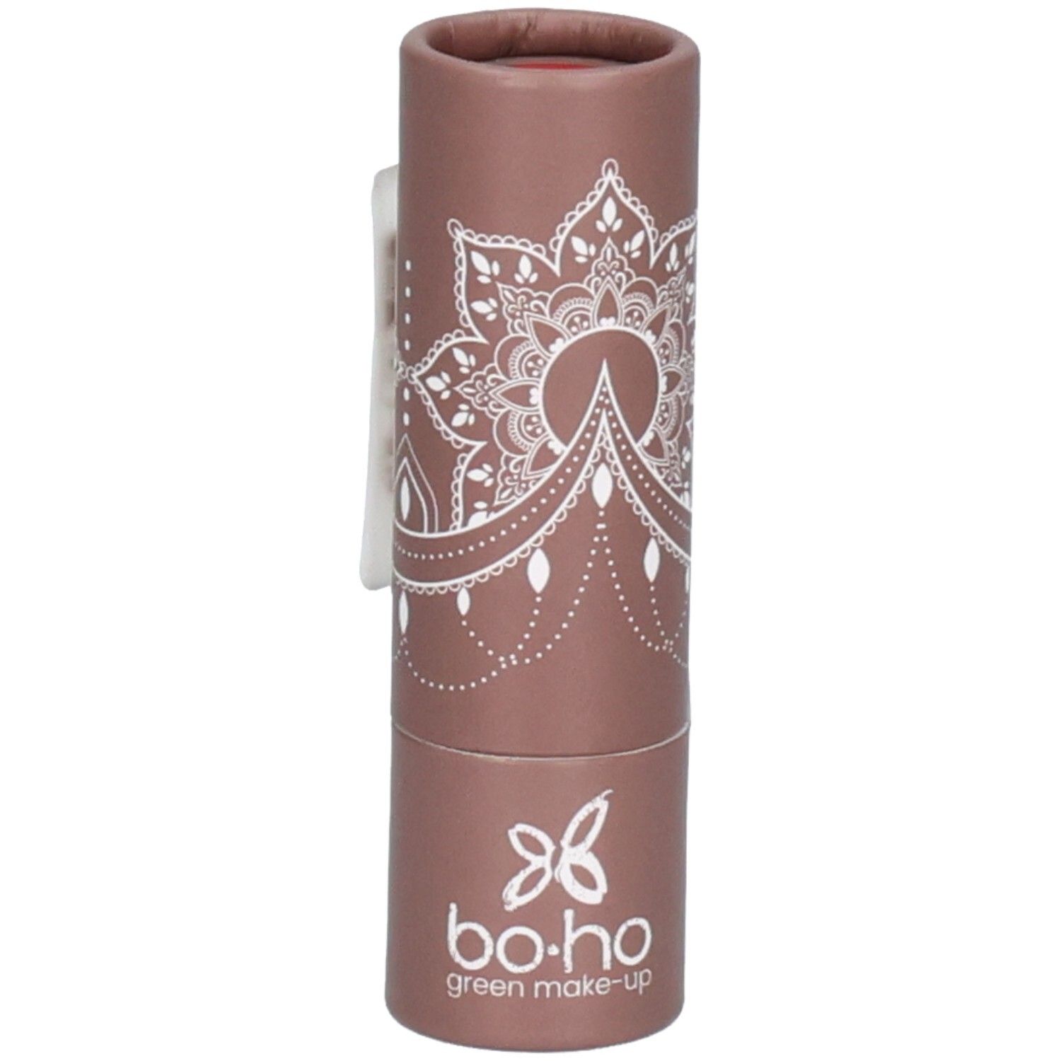 Lippenstift in bruine kartonnen verpakking. Wit mandala patroon. Merk: bo.ho green make-up.