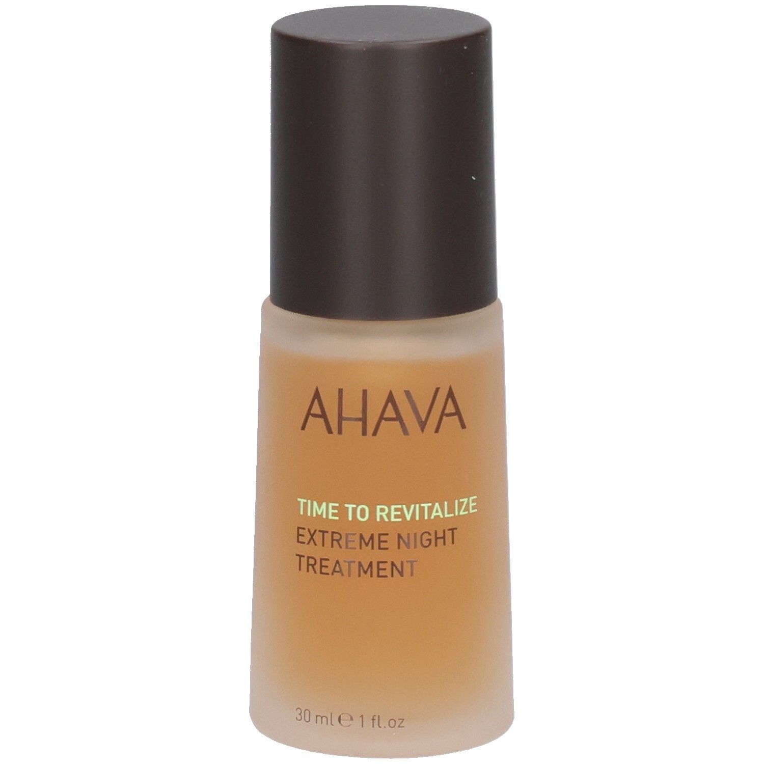 Bruine fles met bruine dop. Opschrift AHAVA, TIME TO REVITALIZE, EXTREME NIGHT TREATMENT. 30 ml.