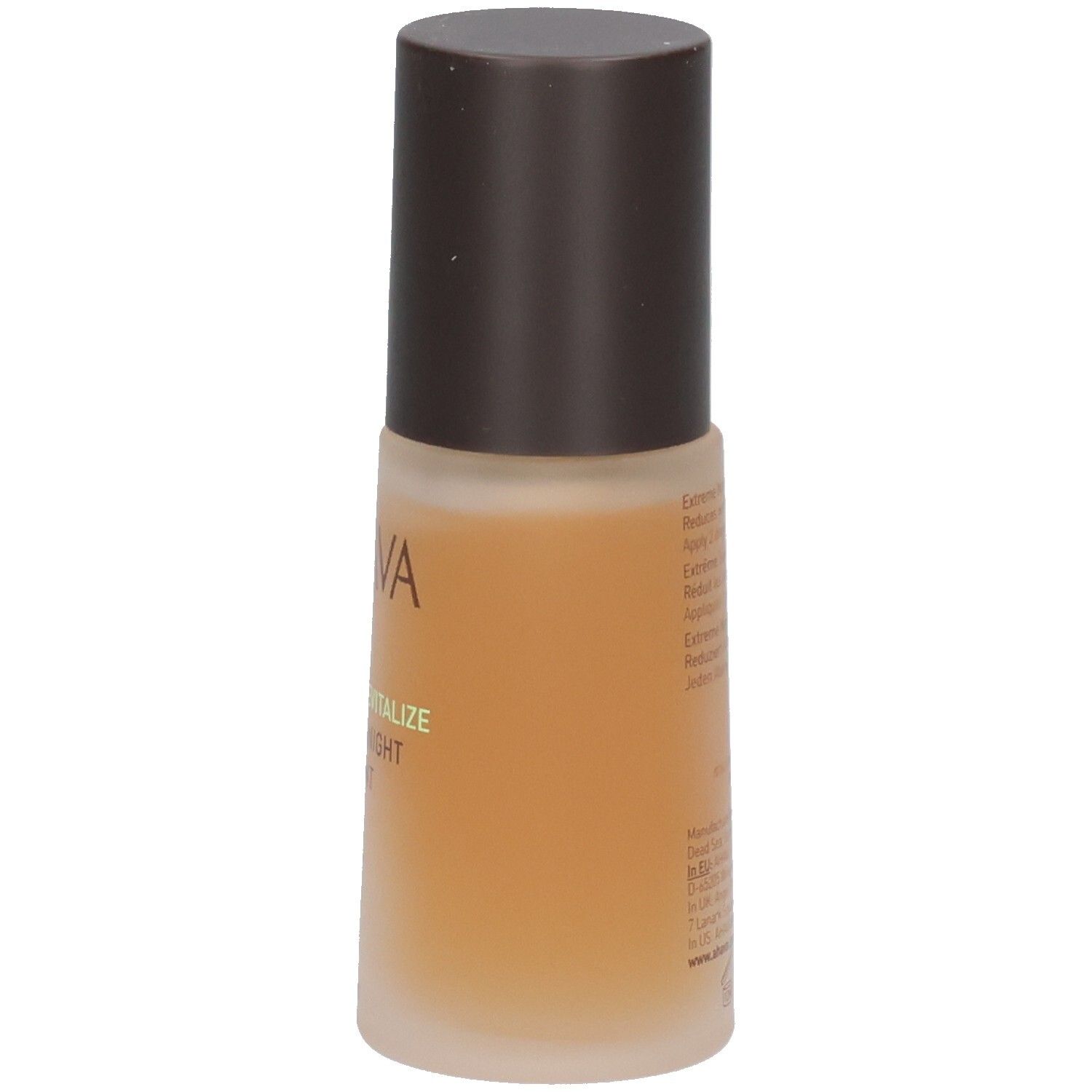 Bruine fles met bruine dop. Opschrift AHAVA, TIME TO REVITALIZE, EXTREME NIGHT TREATMENT. Tekst op achterkant.