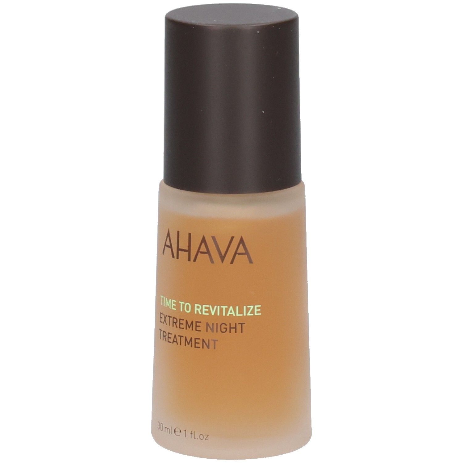 Bruine fles met bruine dop. Opschrift AHAVA, TIME TO REVITALIZE, EXTREME NIGHT TREATMENT. 30 ml.