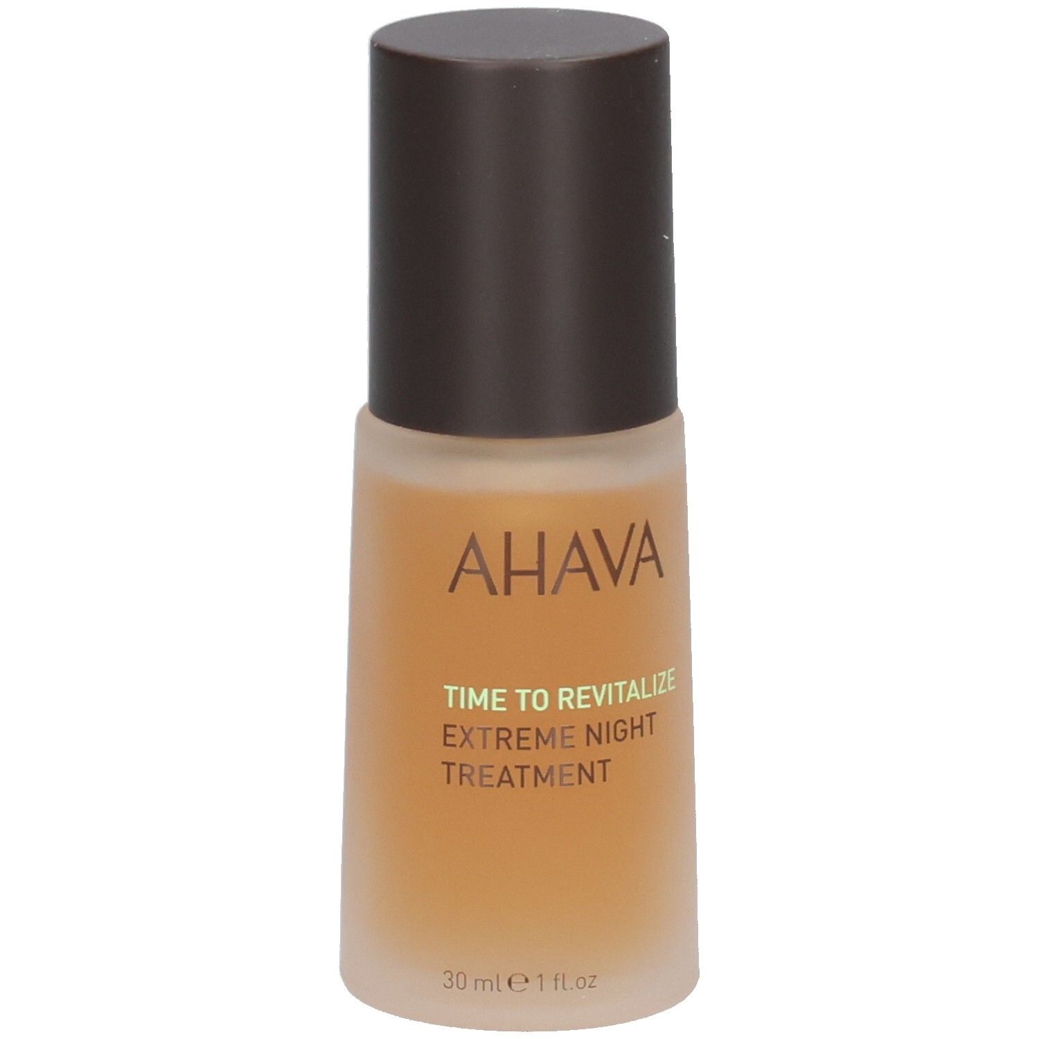 Bruine fles met bruine dop. Opschrift AHAVA, TIME TO REVITALIZE, EXTREME NIGHT TREATMENT. 30 ml.