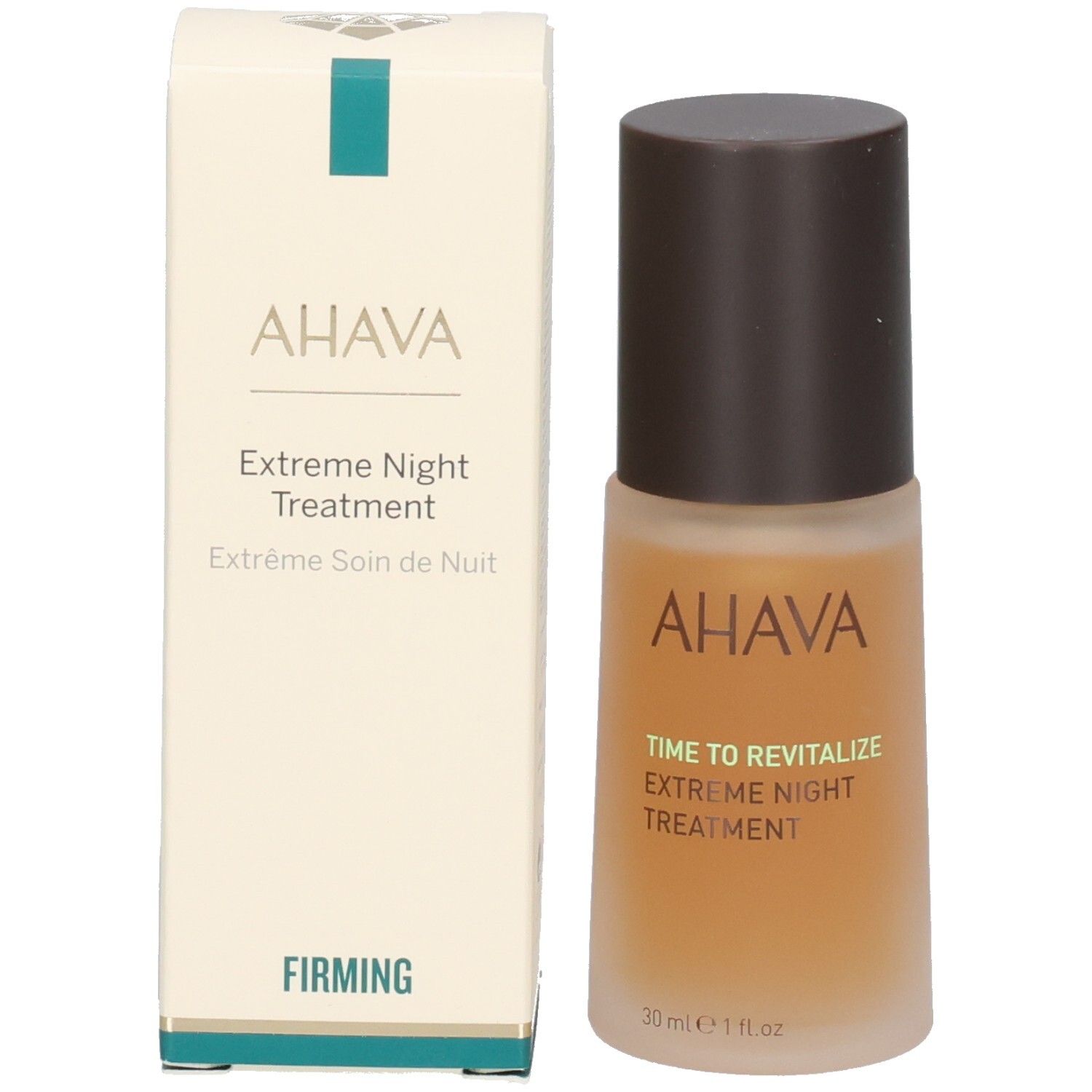 Productfles en verpakking. Opschrift AHAVA, Extreme Night Treatment. Verpakking met logo en tekst.