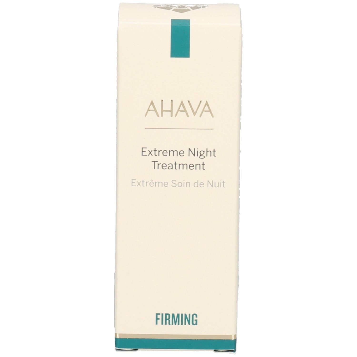 Verpakking met logo en tekst. Opschrift AHAVA, Extreme Night Treatment. Wit met blauw accent.