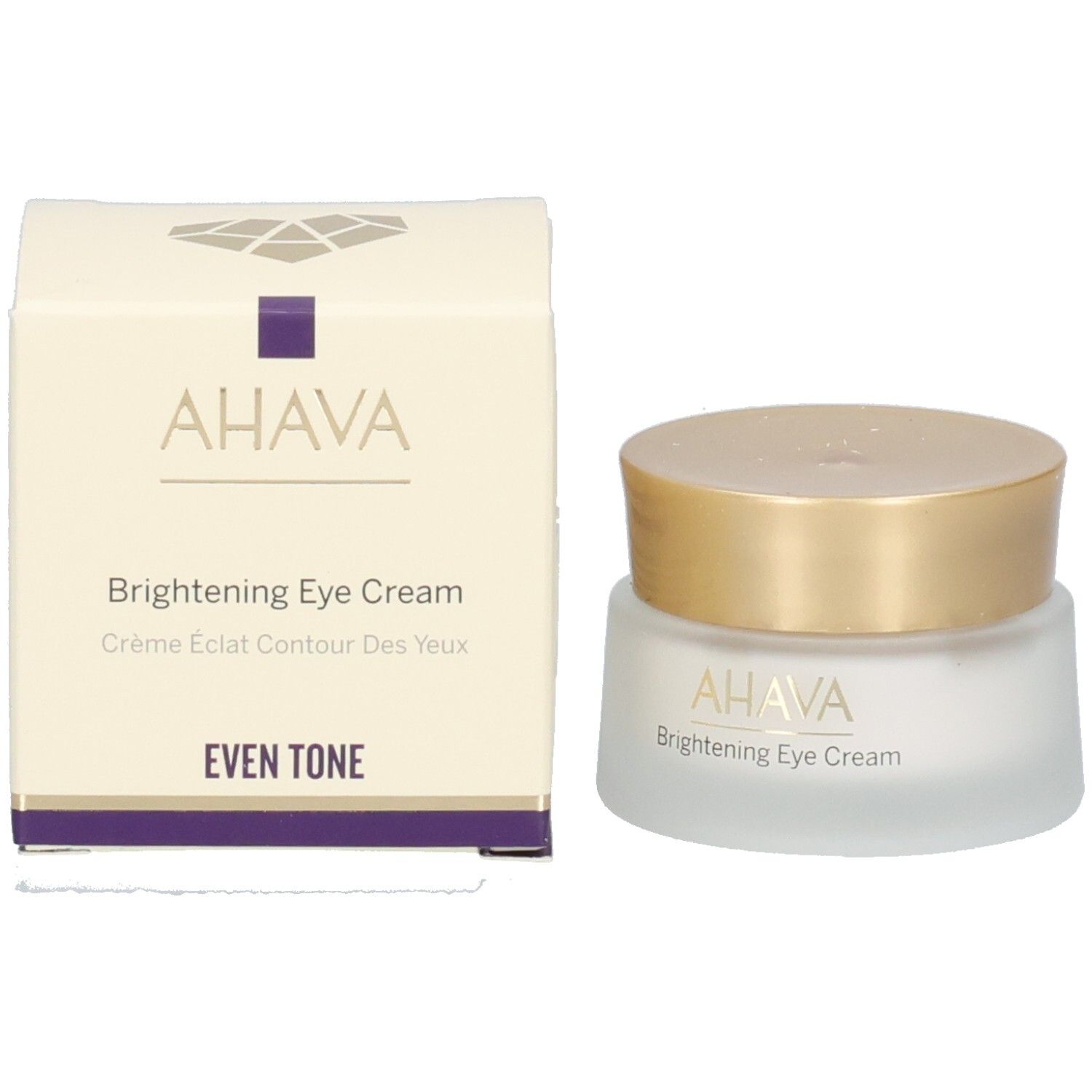 Pot de crème et boîte. Inscription: AHAVA Brightening Eye Cream, Even Tone.