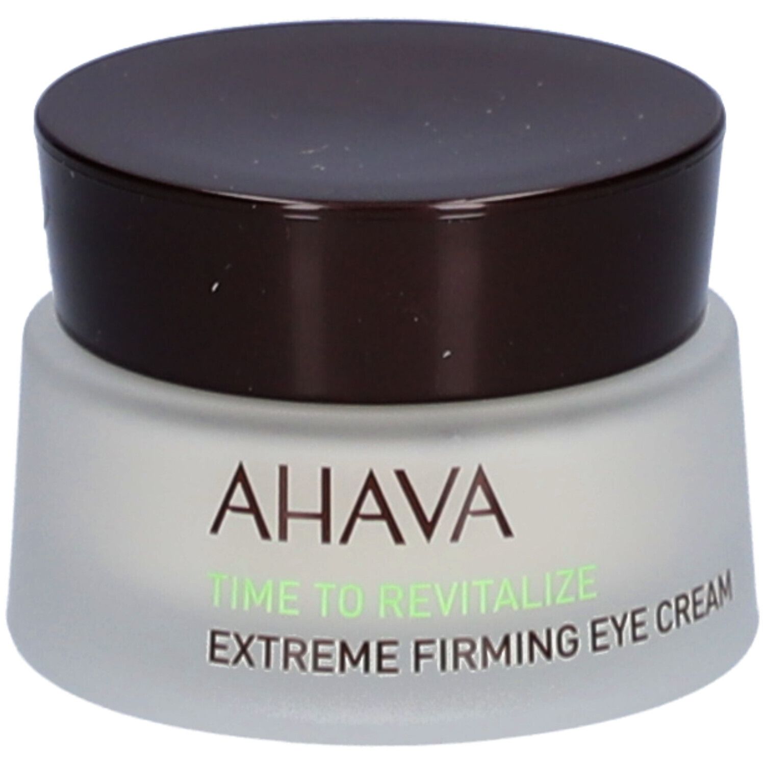 Crèmepot met bruin deksel. Opschrift: AHAVA, Time to Revitalize, Extreme Firming Eye Cream.