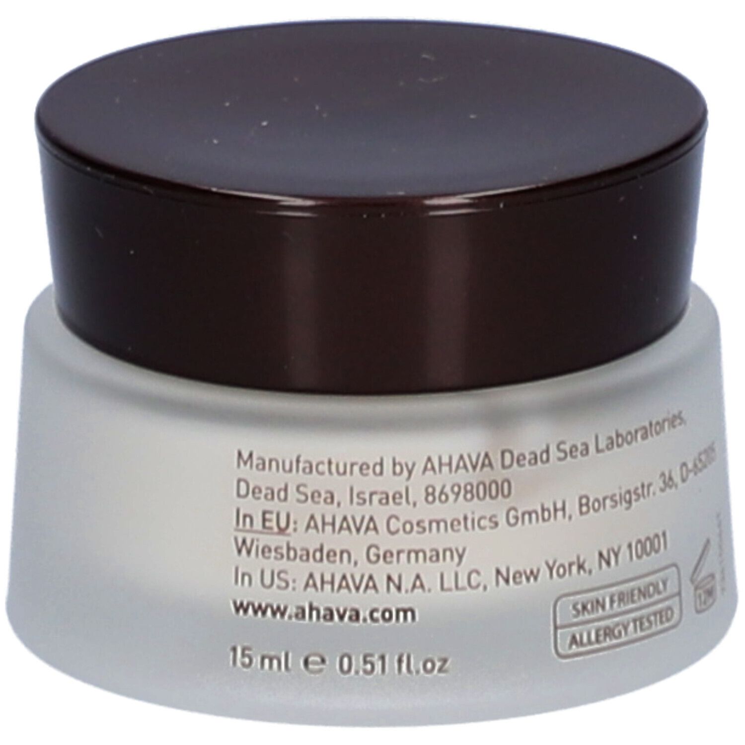 Crèmepot met bruin deksel. Opschrift: AHAVA, Time to Revitalize, Extreme Firming Eye Cream. Tekst op de zijkant.