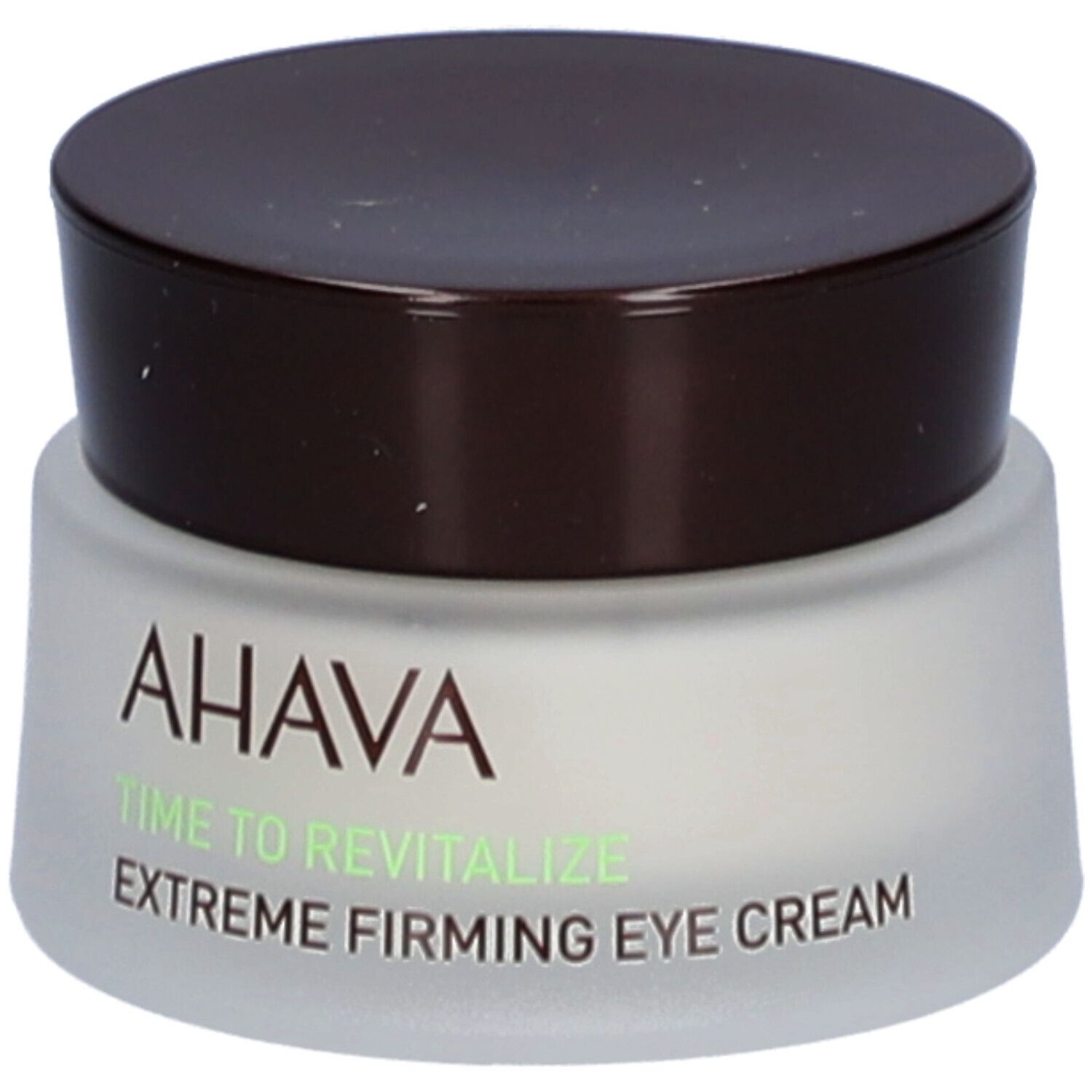 Crèmepot met bruin deksel. Opschrift: AHAVA, Time to Revitalize, Extreme Firming Eye Cream.