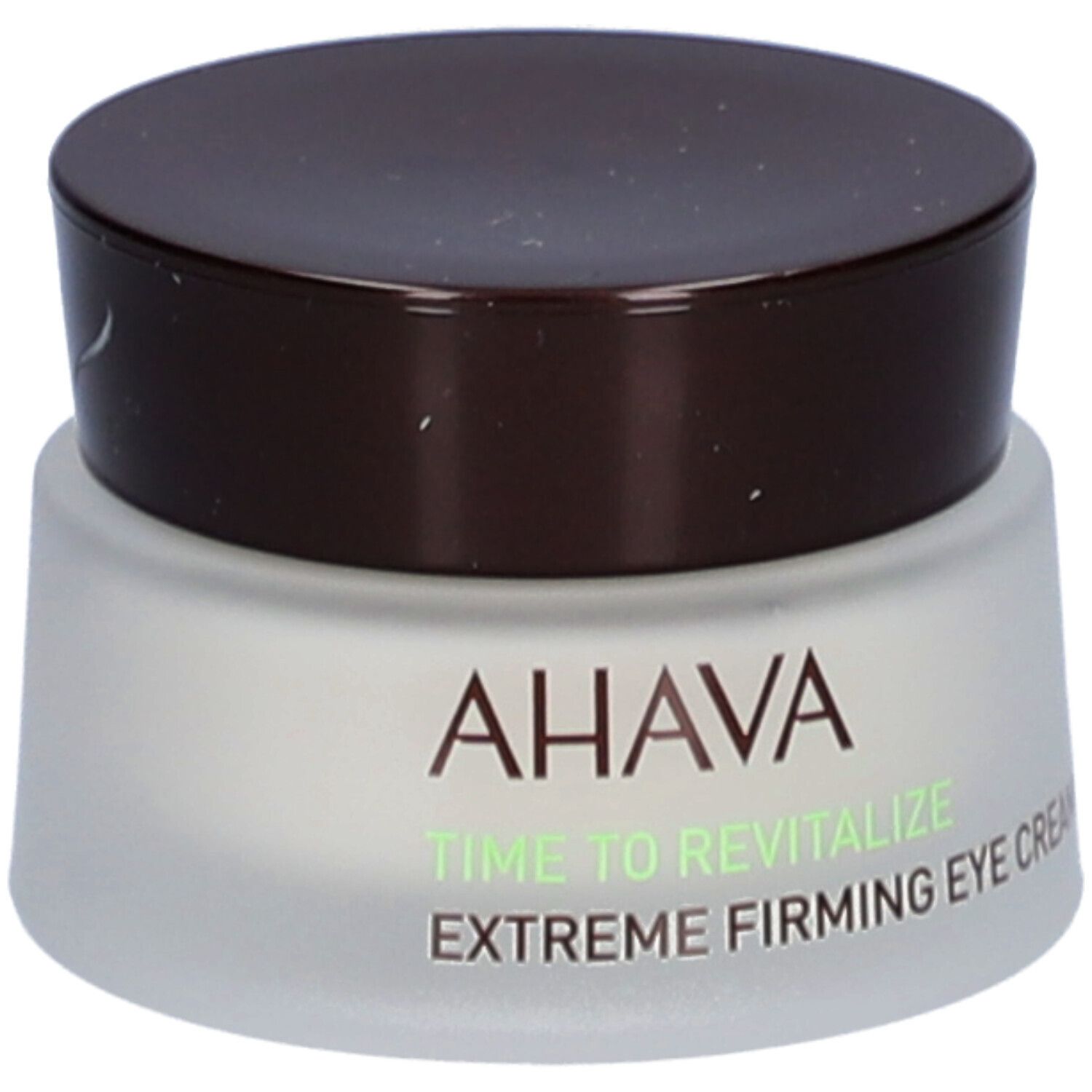 Crèmepot met bruin deksel. Opschrift: AHAVA, Time to Revitalize, Extreme Firming Eye Cream.
