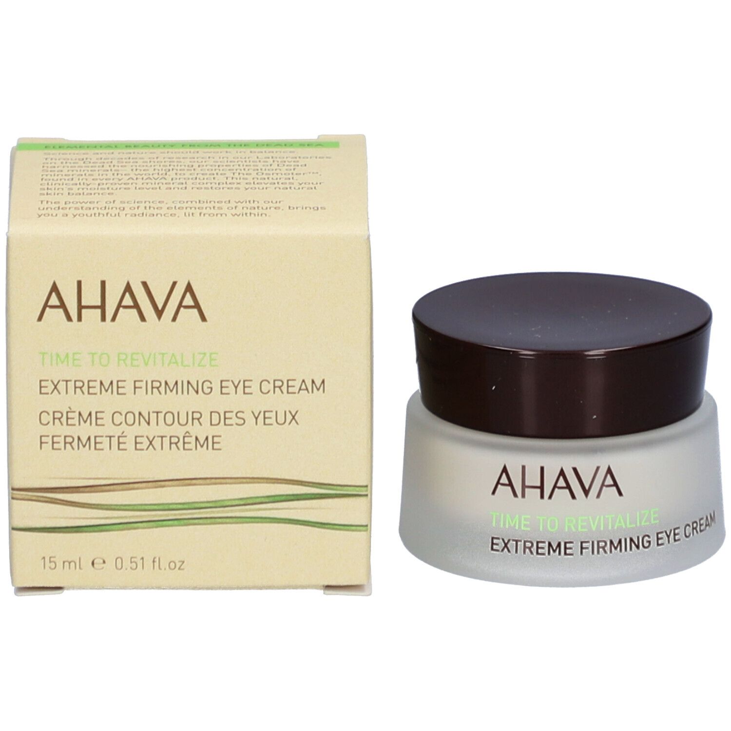 Crèmepot en doos. Opschrift: AHAVA, Time to Revitalize, Extreme Firming Eye Cream. Doos met tekst.