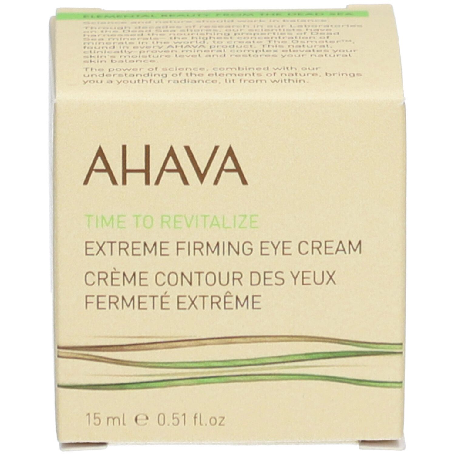 Doos met tekst en opschrift: AHAVA, Time to Revitalize, Extreme Firming Eye Cream, Crème Contour des Yeux Fermeté Extrême.