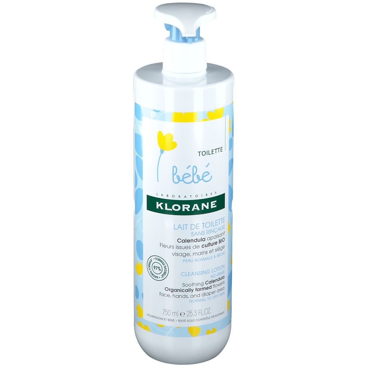 Klorane Bébé Lait de toilette. Flacon blanc avec motifs bleus et jaunes. Bouchon pompe bleu.