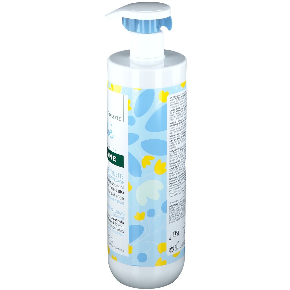 Dos du flacon Klorane Bébé Lait de toilette. Texte multilingue. Design bleu et jaune.