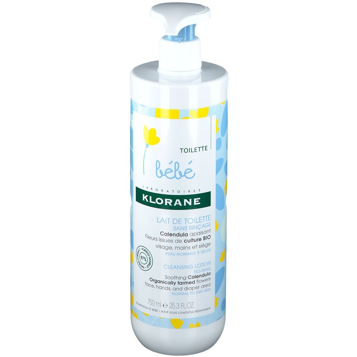 Klorane Bébé Lait de toilette. Flacon blanc avec motifs bleus et jaunes. Bouchon pompe bleu.