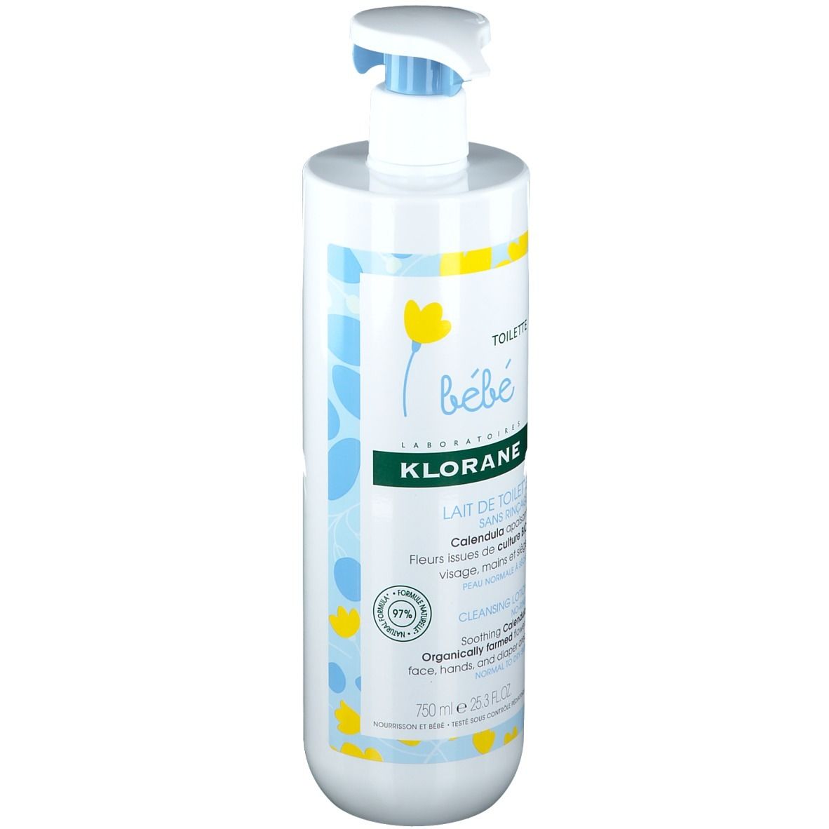 Klorane Bébé Lait de toilette. Flacon blanc avec motifs bleus et jaunes. Bouchon pompe bleu.