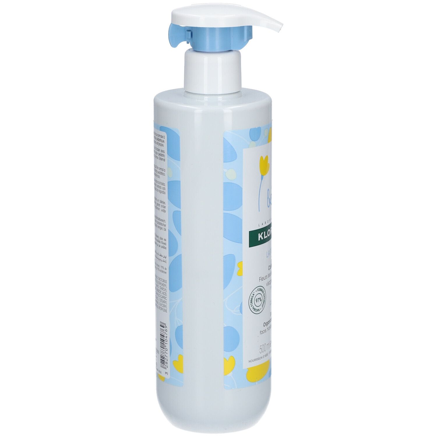 Achterkant van de Klorane Bébé Toiletmelk fles. Tekst in meerdere talen. Blauwe en gele decoraties.