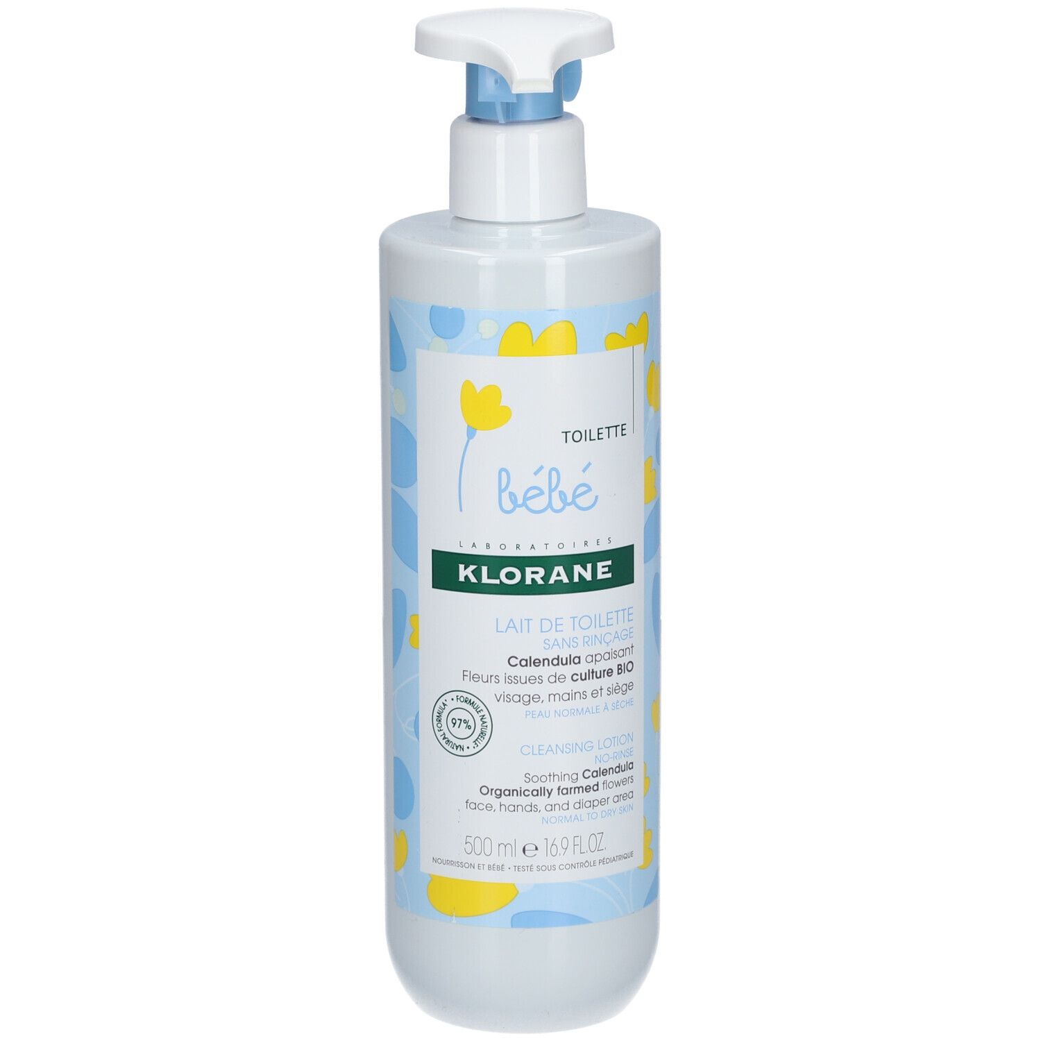 Klorane Bébé Toiletmelk fles met pomp. Blauwe en gele decoraties. Tekst: Lait de Toilette sans rinçage.