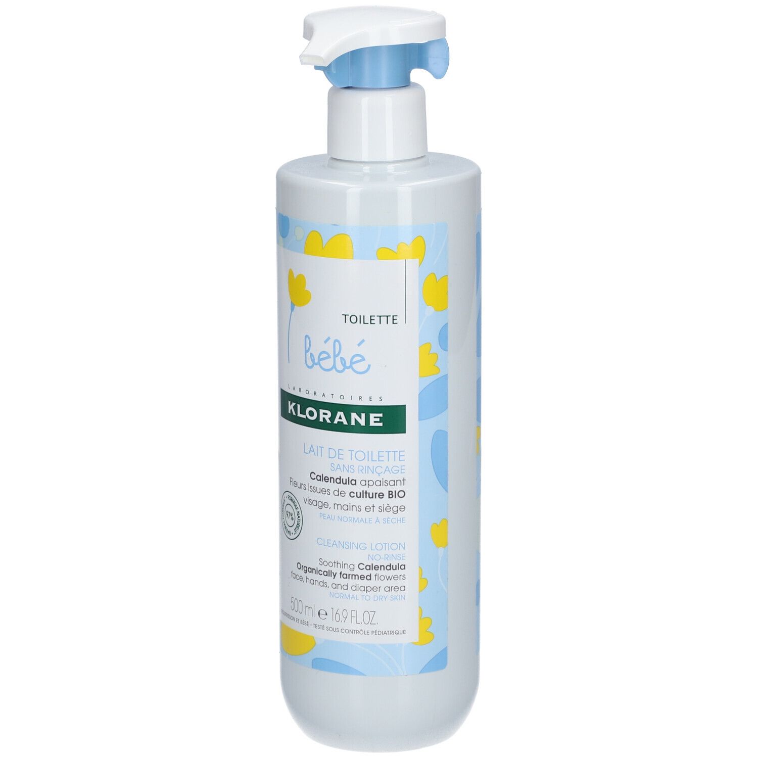 Klorane Bébé Toiletmelk fles met pomp. Blauwe en gele decoraties. Tekst: Lait de Toilette sans rinçage.