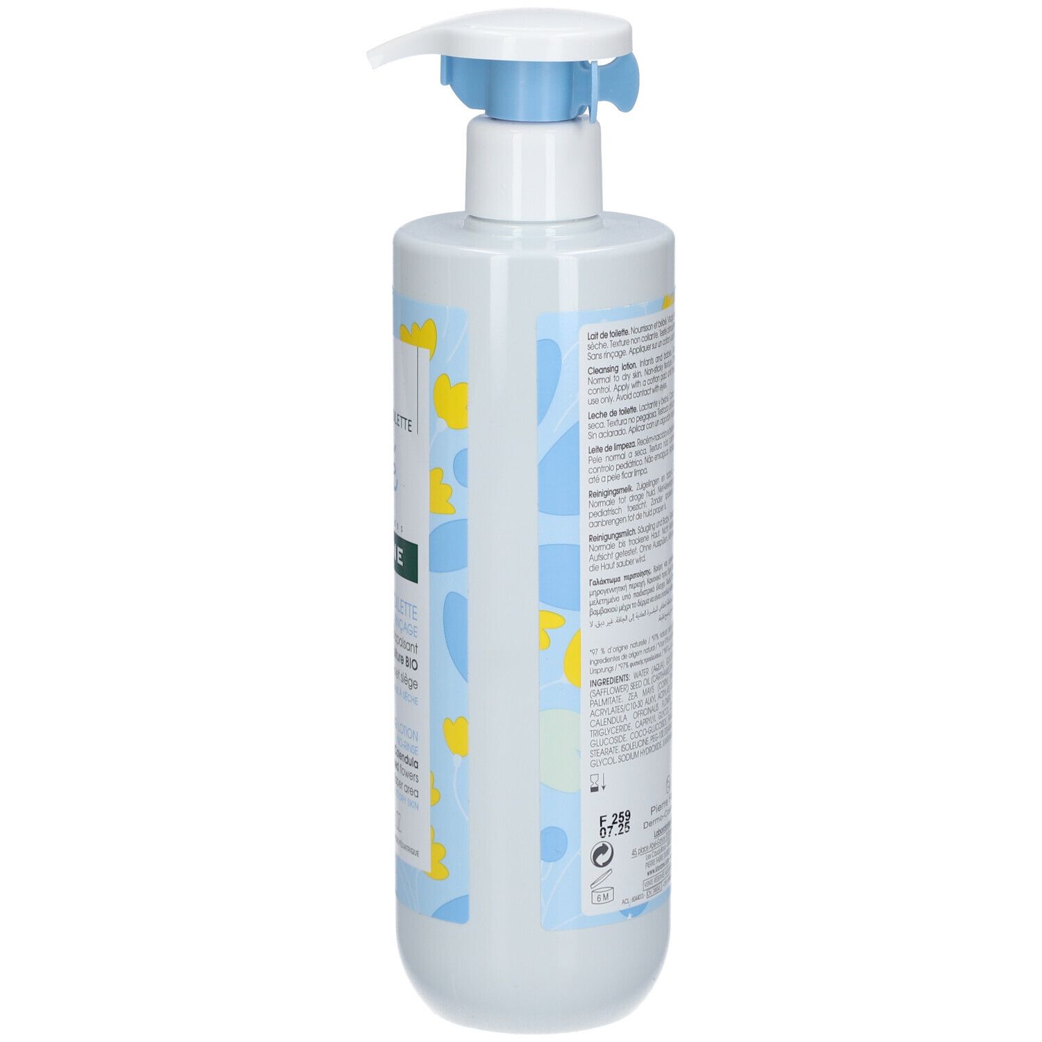 Achterkant van de Klorane Bébé Toiletmelk fles. Tekst in meerdere talen. Blauwe en gele decoraties.