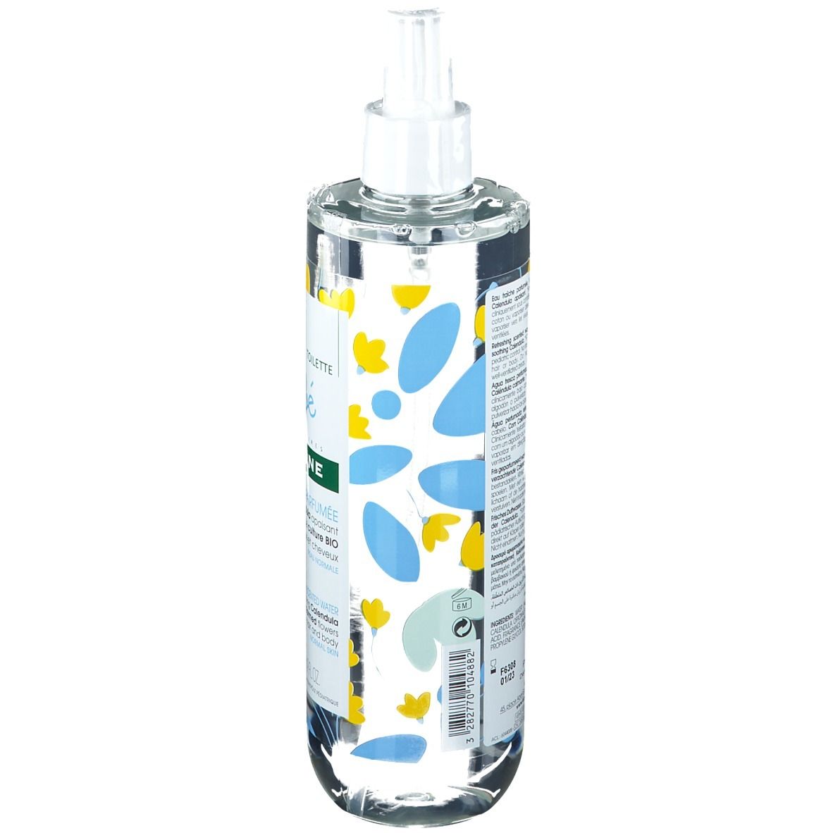 Dos du flacon Klorane Bébé Eau Fraîche Parfumée. Texte et informations produit sur fond blanc.
