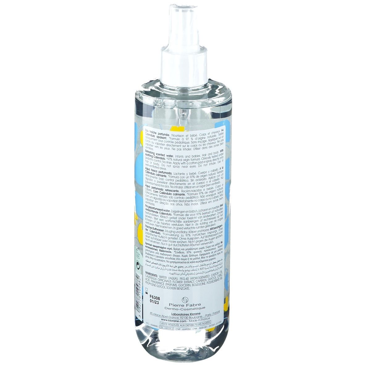 Dos du flacon Klorane Bébé Eau Fraîche Parfumée. Texte et informations produit sur fond blanc.