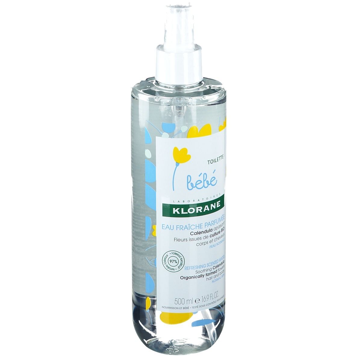 Flacon transparent Klorane Bébé Eau Fraîche Parfumée avec vaporisateur. Motifs floraux jaunes et bleus.