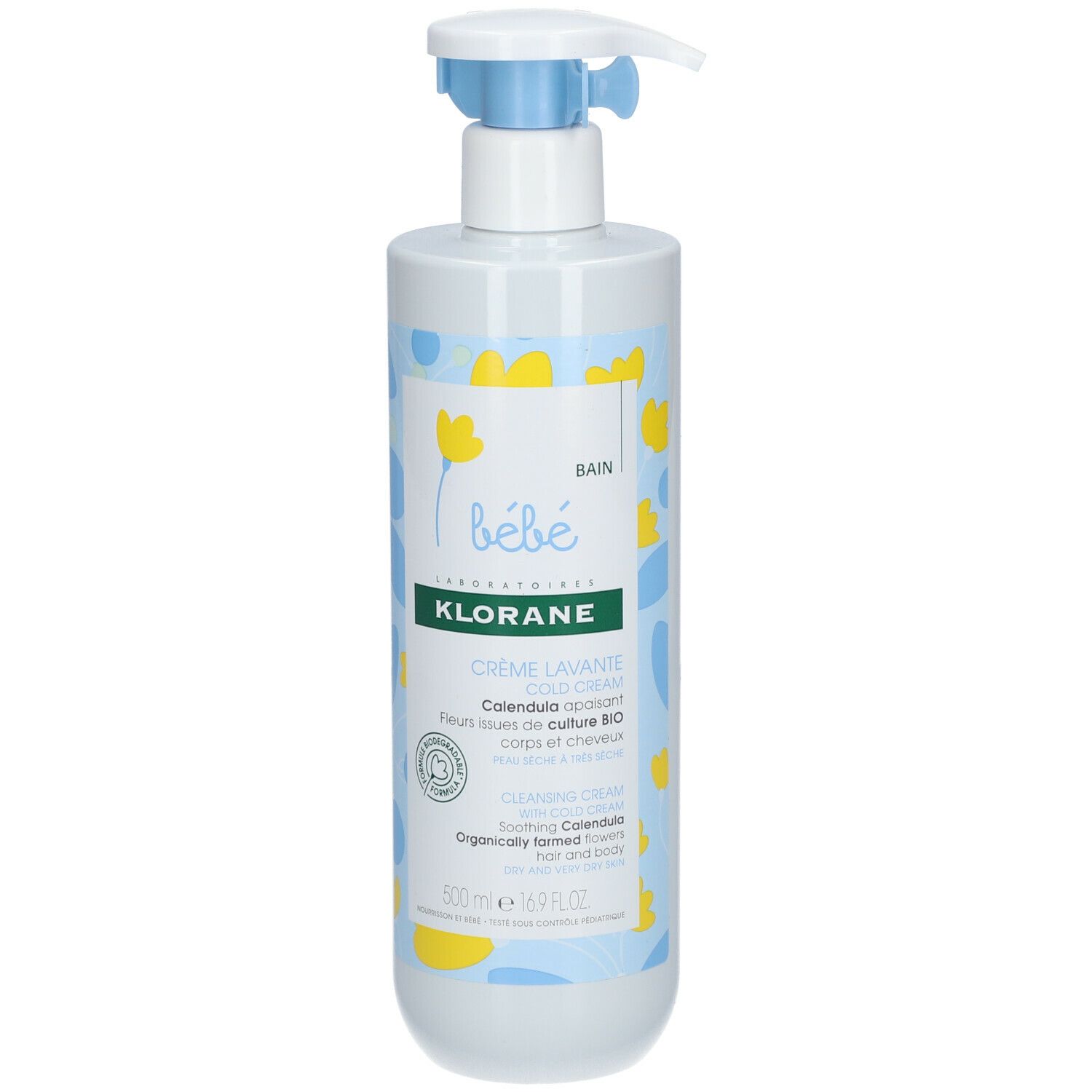Witte fles met blauwe pomp. Opschrift: KLORANE Bébé Crème Lavante Cold Cream. Met biologische Calendula.