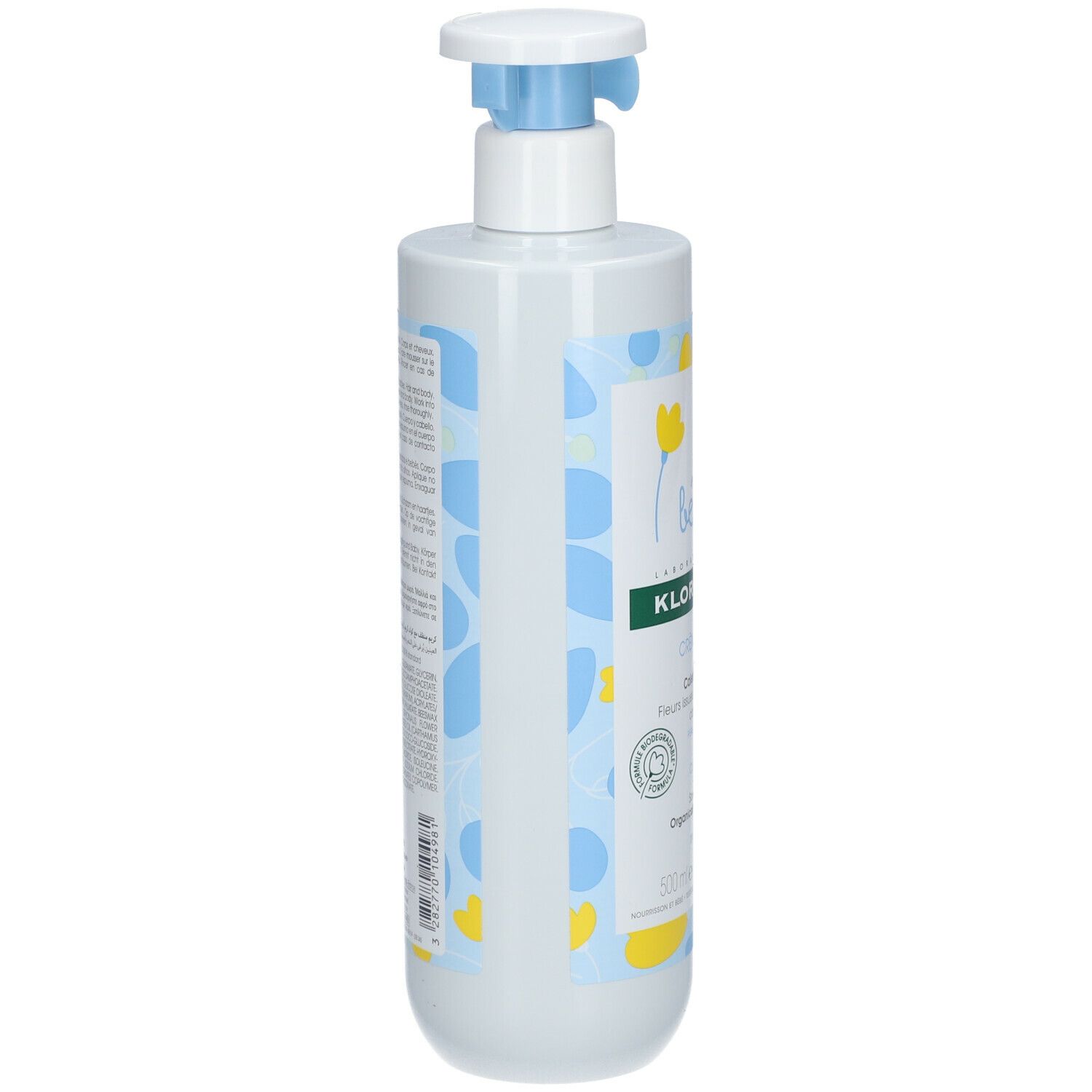 Witte fles met blauwe pomp. Opschrift: KLORANE Bébé Crème Lavante Cold Cream. Met biologische Calendula.