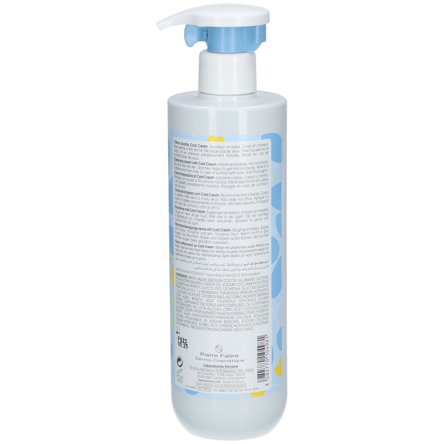 Achterkant van de witte fles met tekst. Bevat informatie over het product en ingrediënten.