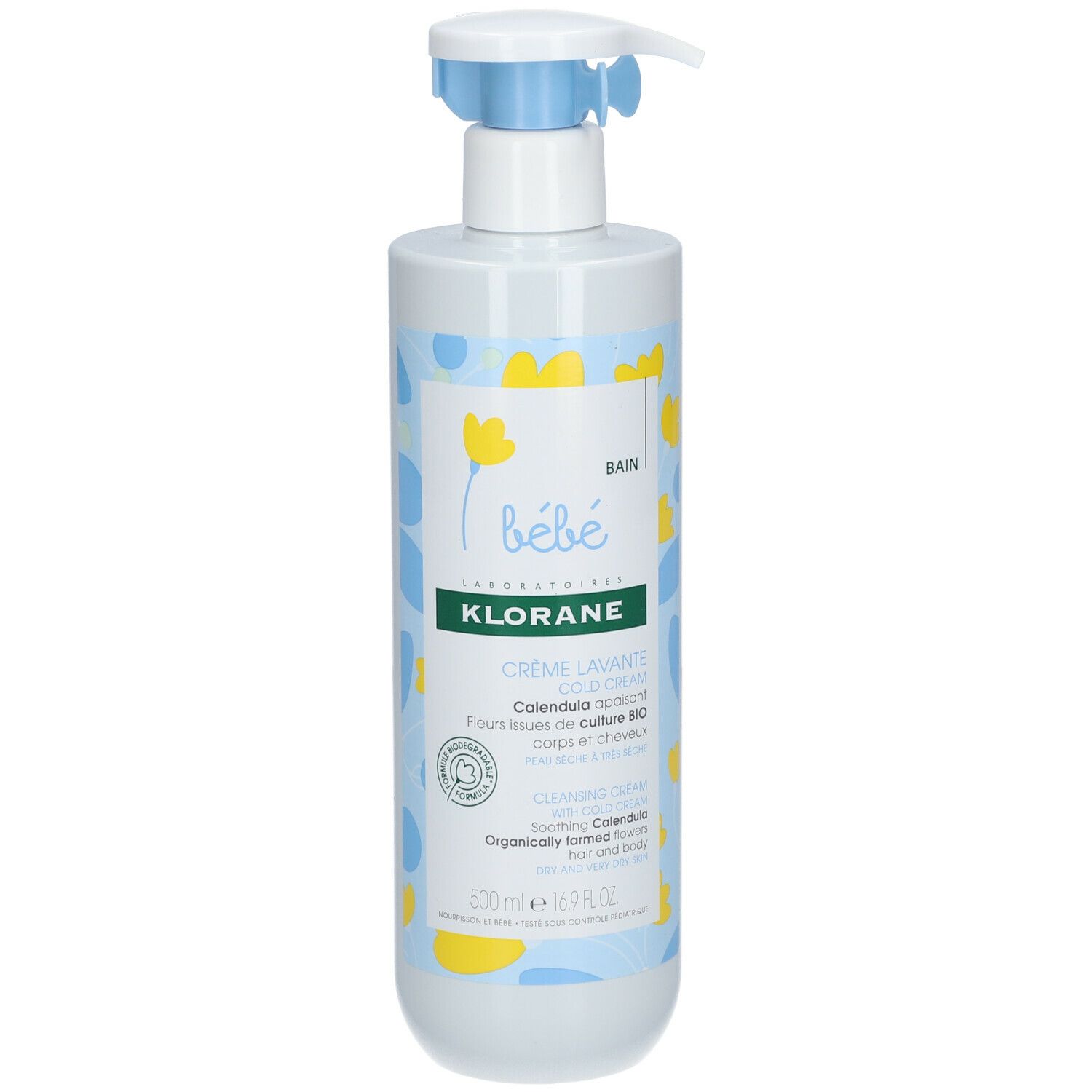 Witte fles met blauwe pomp. Opschrift: KLORANE Bébé Crème Lavante Cold Cream. Met biologische Calendula.