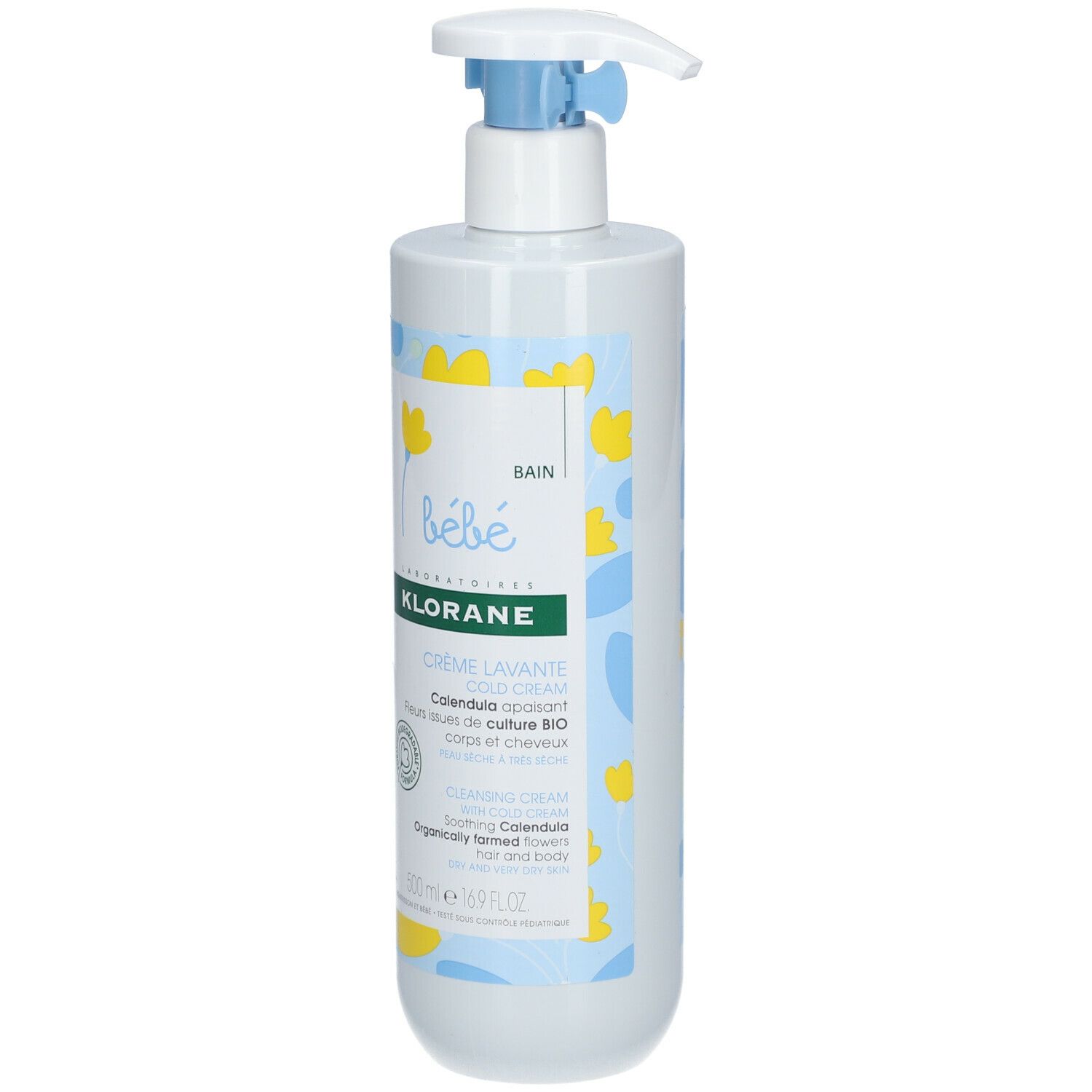 Witte fles met blauwe pomp. Opschrift: KLORANE Bébé Crème Lavante Cold Cream. Met biologische Calendula.
