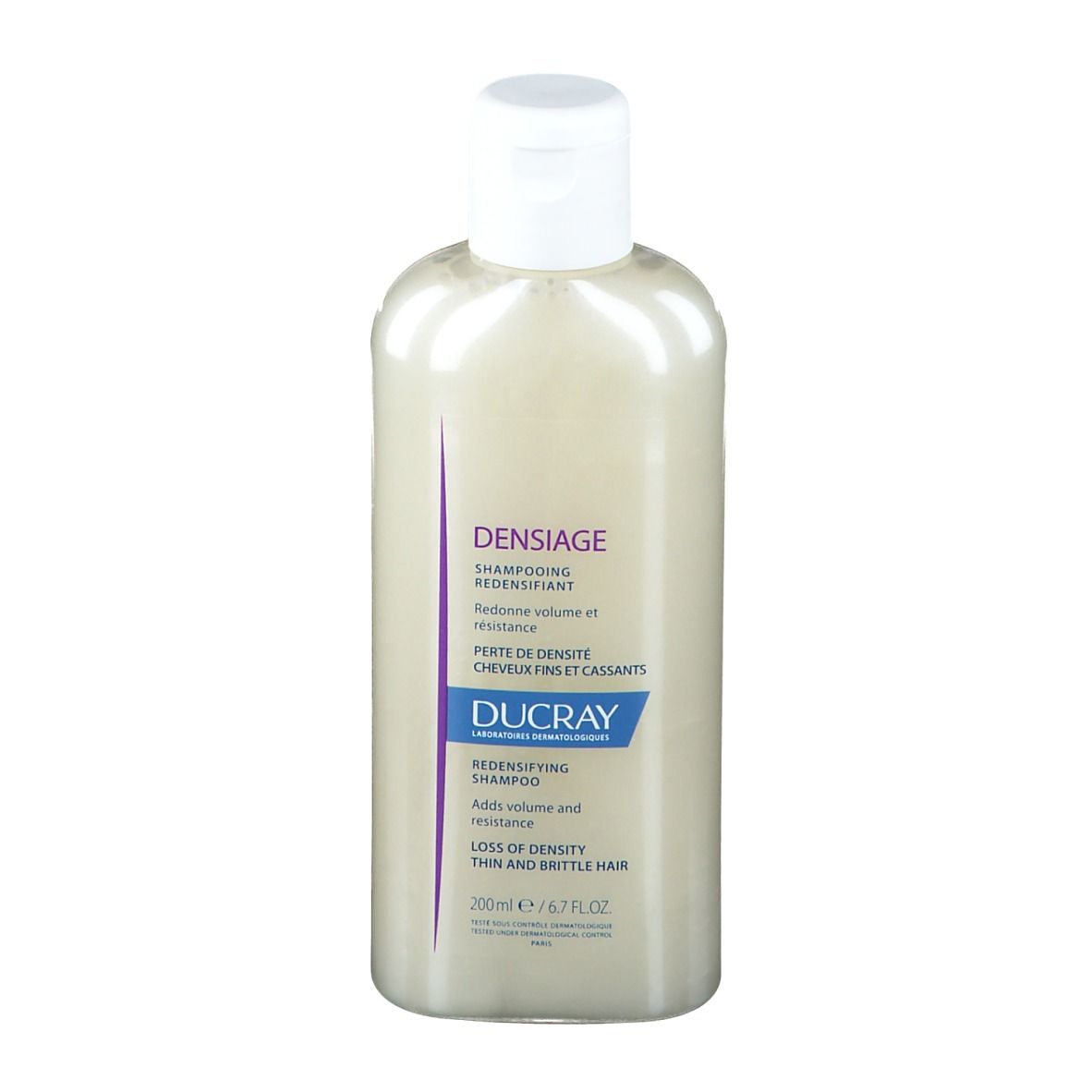 Shampoo fles met witte dop. Opschrift: DUCRAY DENSIAGE Shampoo. Voor dun, broos haar.