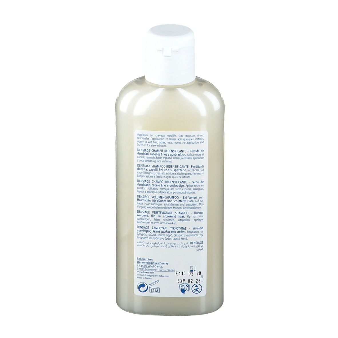 Achterkant van een shampoo fles. Meertalige tekst. Informatie over ingrediënten en gebruik.
