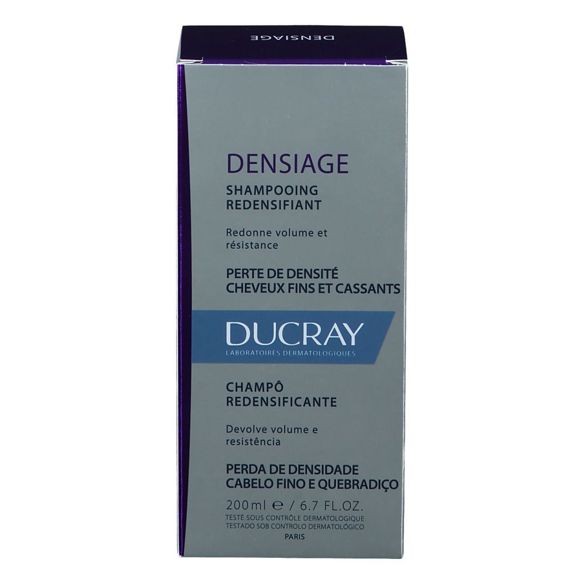 Kartonnen verpakking voor shampoo. Opschrift: DUCRAY DENSIAGE Shampoo. Voor dun, broos haar.