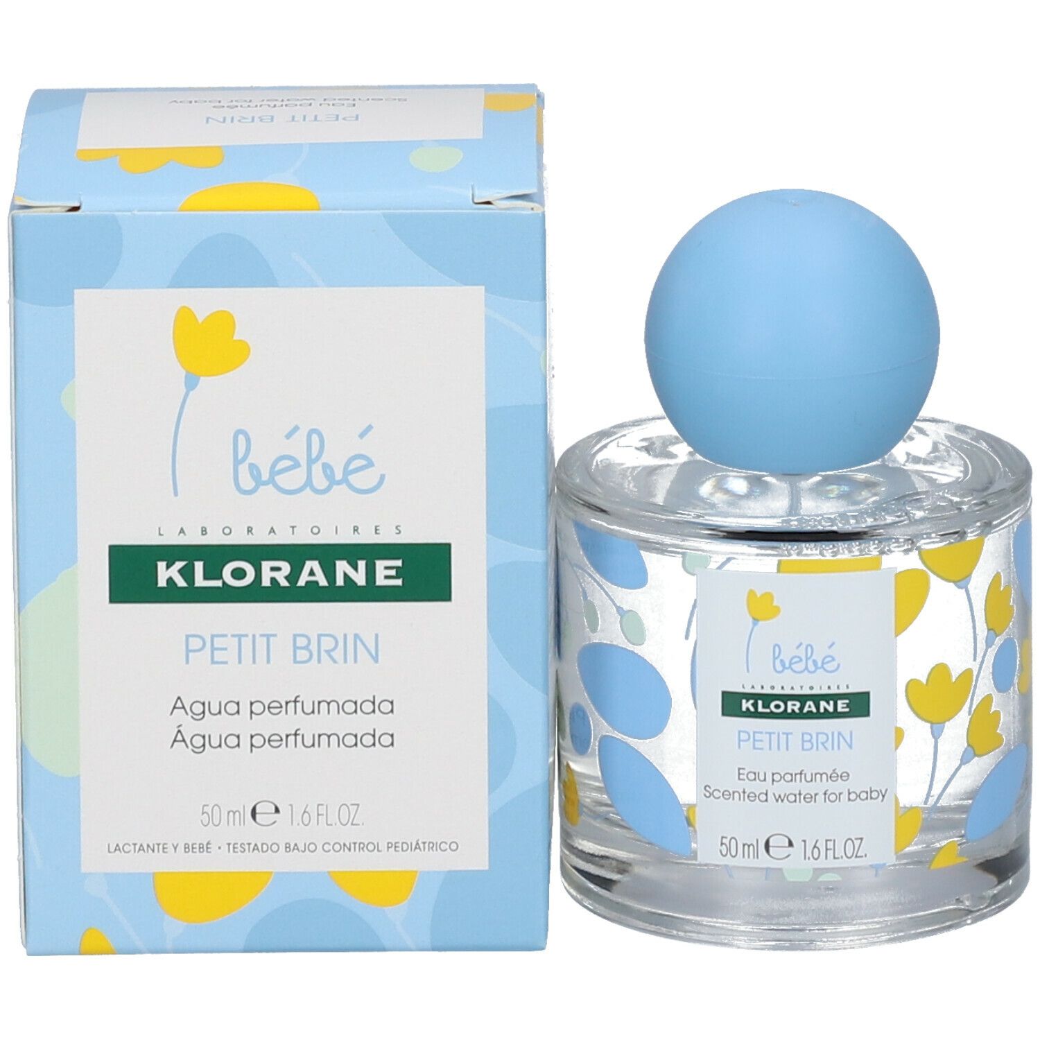 Klorane Bébé Petit Brin Eau Parfumée flesje met blauwe dop. Opschriften.