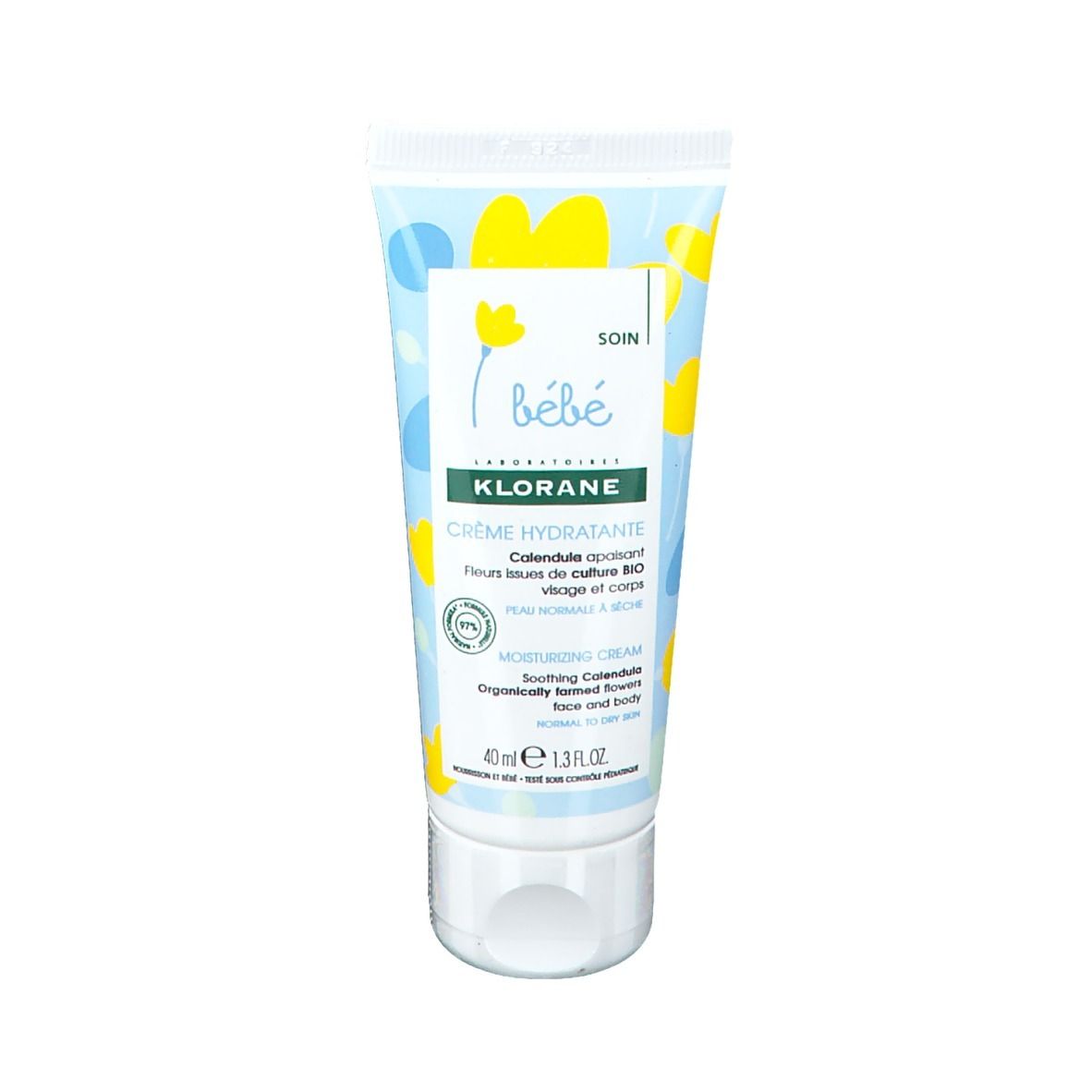 Crèmetube met bloemmotief. Tekst: Klorane, Crème Hydratante, Bébé. Voor gezicht en lichaam. 40 ml.
