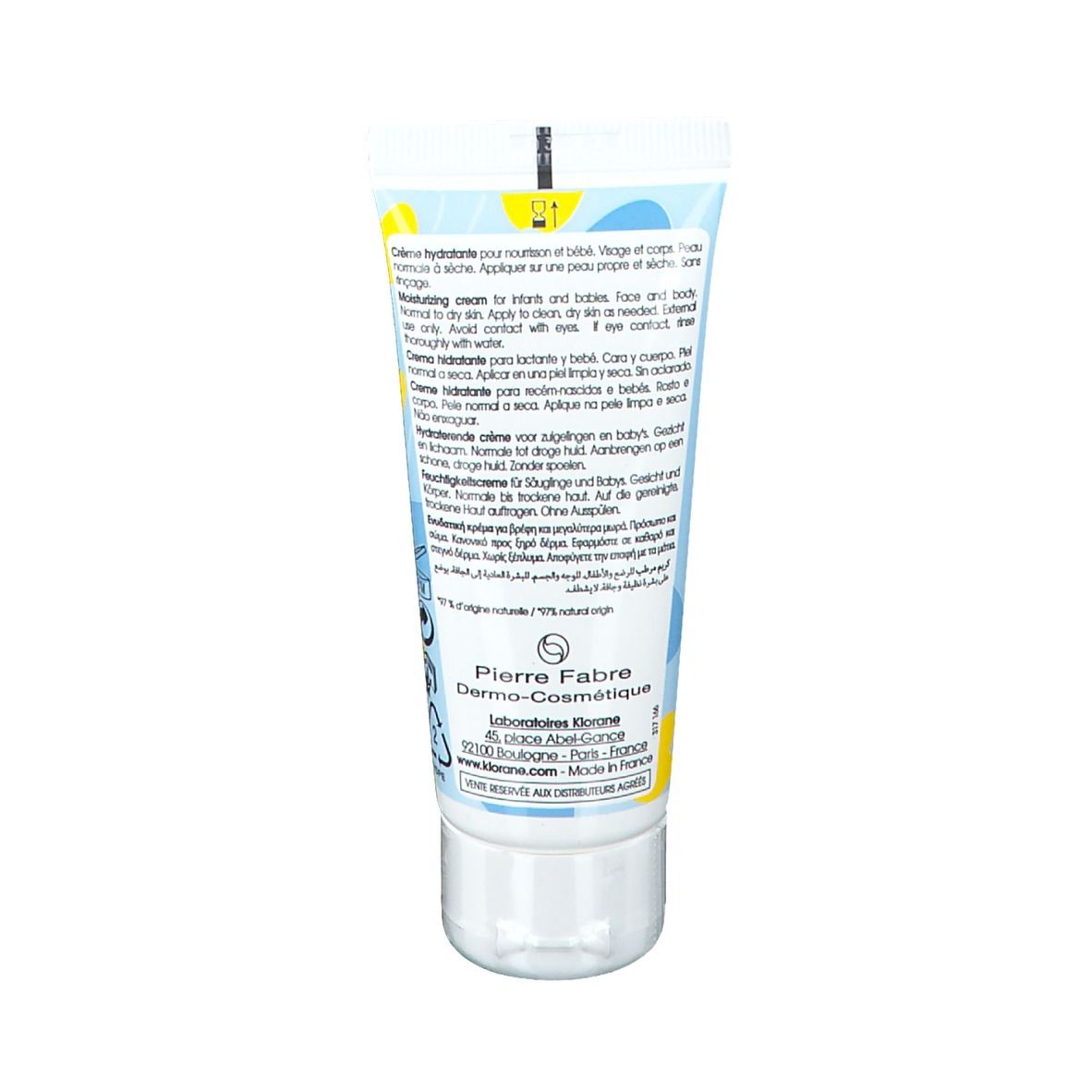 Achterkant van de crèmetube. Meertalige tekst: gebruik, ingrediënten, Pierre Fabre. Bloemmotief.