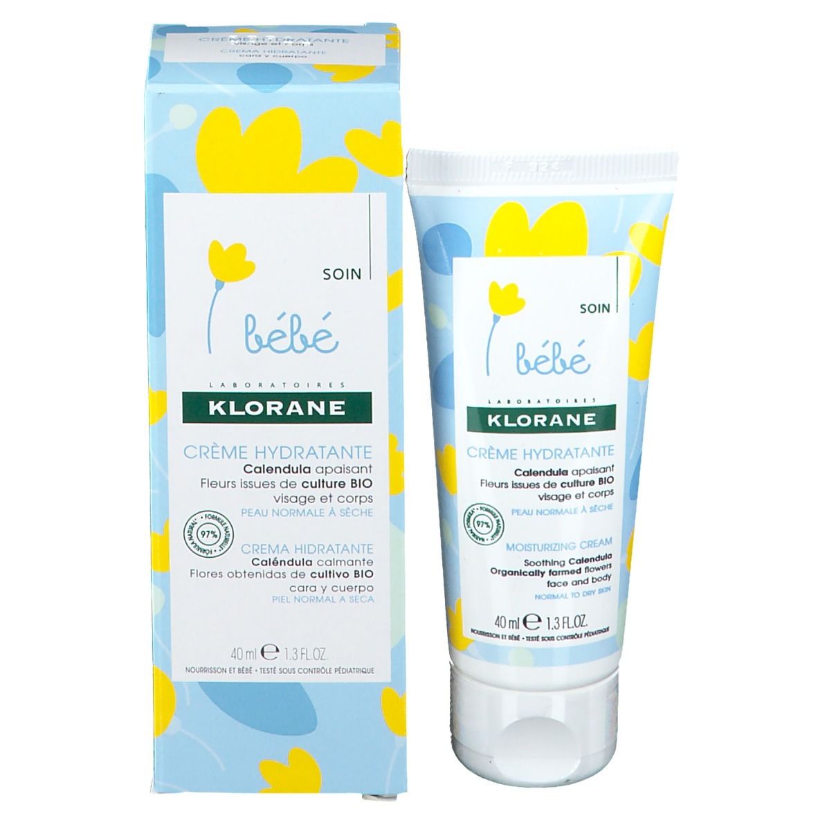 Productverpakking met crèmetube. Doos en tube met bloemmotief. Tekst: Klorane, Crème Hydratante, Bébé.