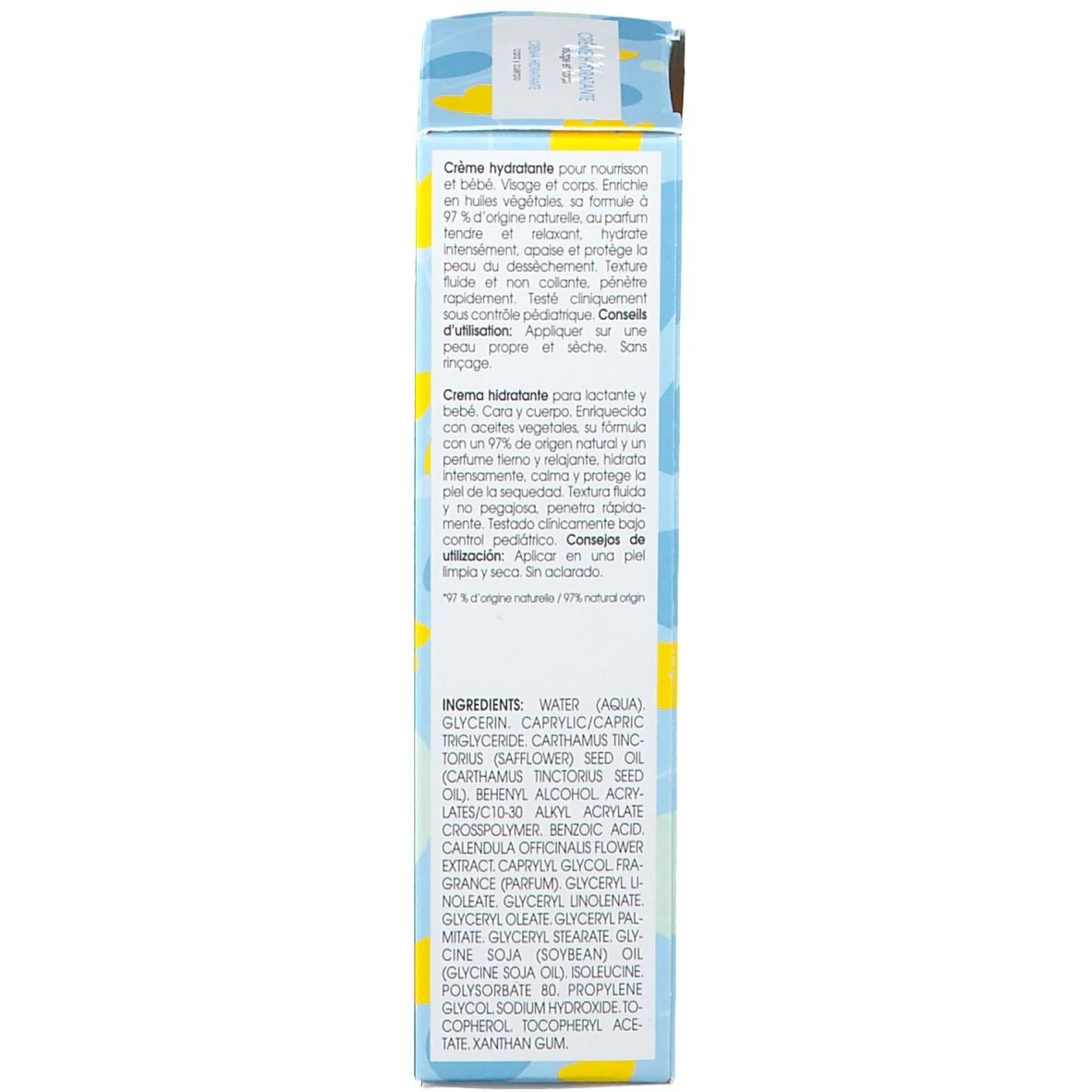 Achterkant van de productverpakking. Meertalige tekst: gebruik, ingrediënten. Bloemmotief.