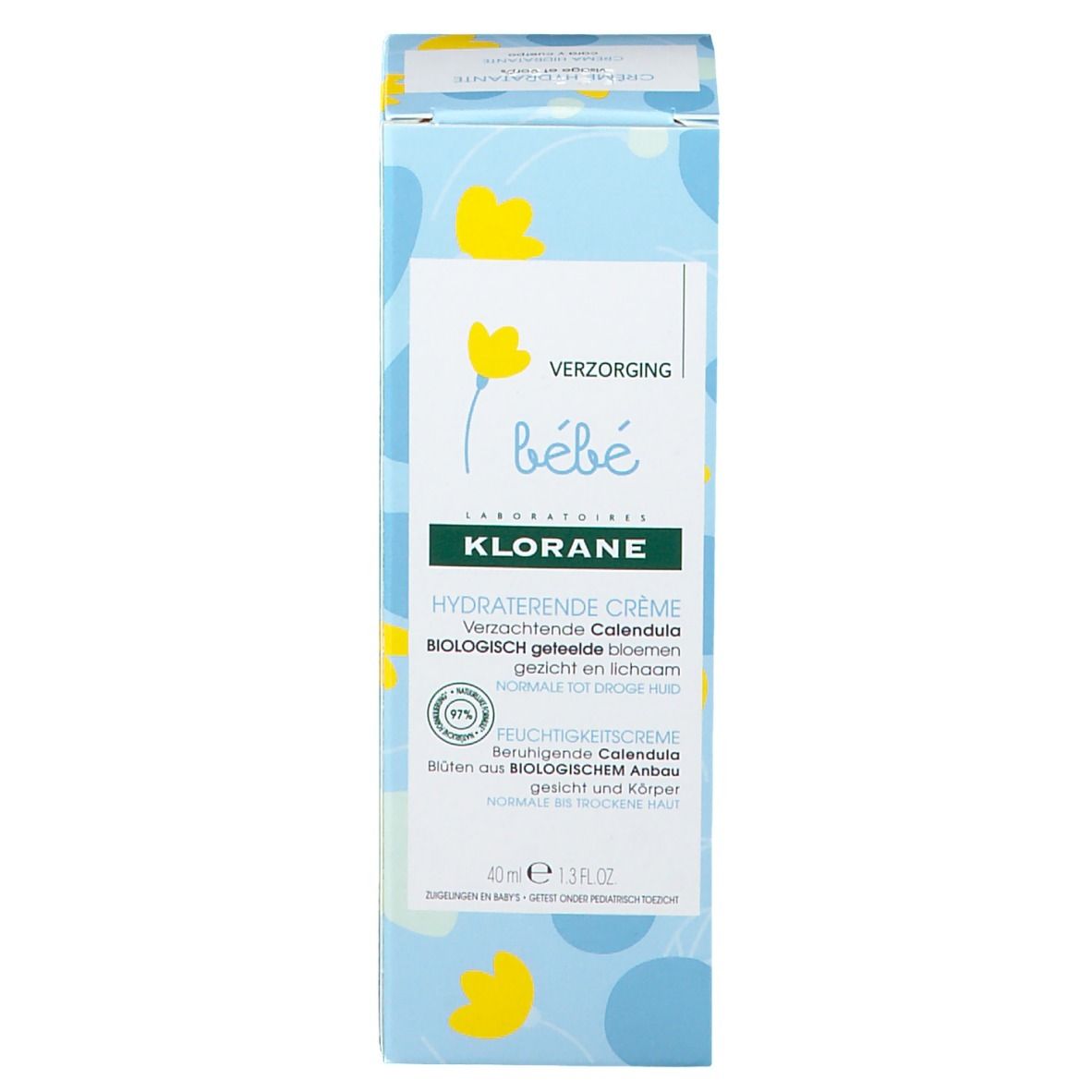 Productverpakking. Tekst: Klorane, Hydraterende Crème, Bébé. Voor gezicht en lichaam. Bloemmotief.