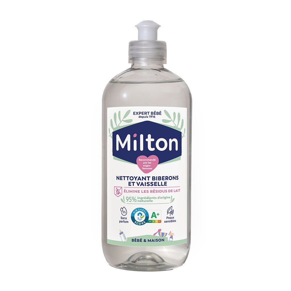 Nettoyant Milton pour biberons: Flacon 500ml avec pompe, liquide clair, étiquette avec motifs végétaux.