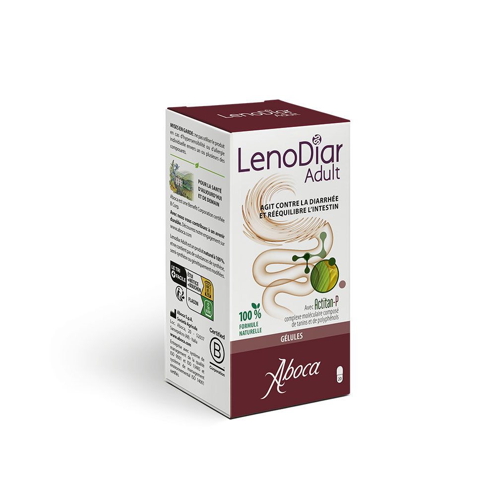 Doosje "LenoDiar Adult". Opschrift: "Agit contre la diarrhée et rééquilibre l'intestin". Bevat capsules.