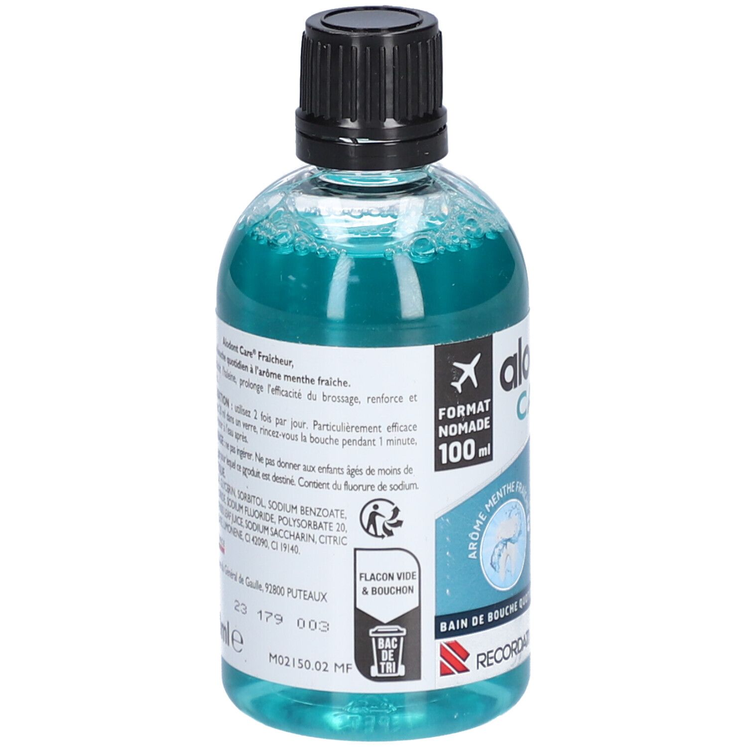 Transparante fles met blauwe vloeistof en zwarte dop. Opschrift: alodont CARE. 100 ml. Tekst op etiket.