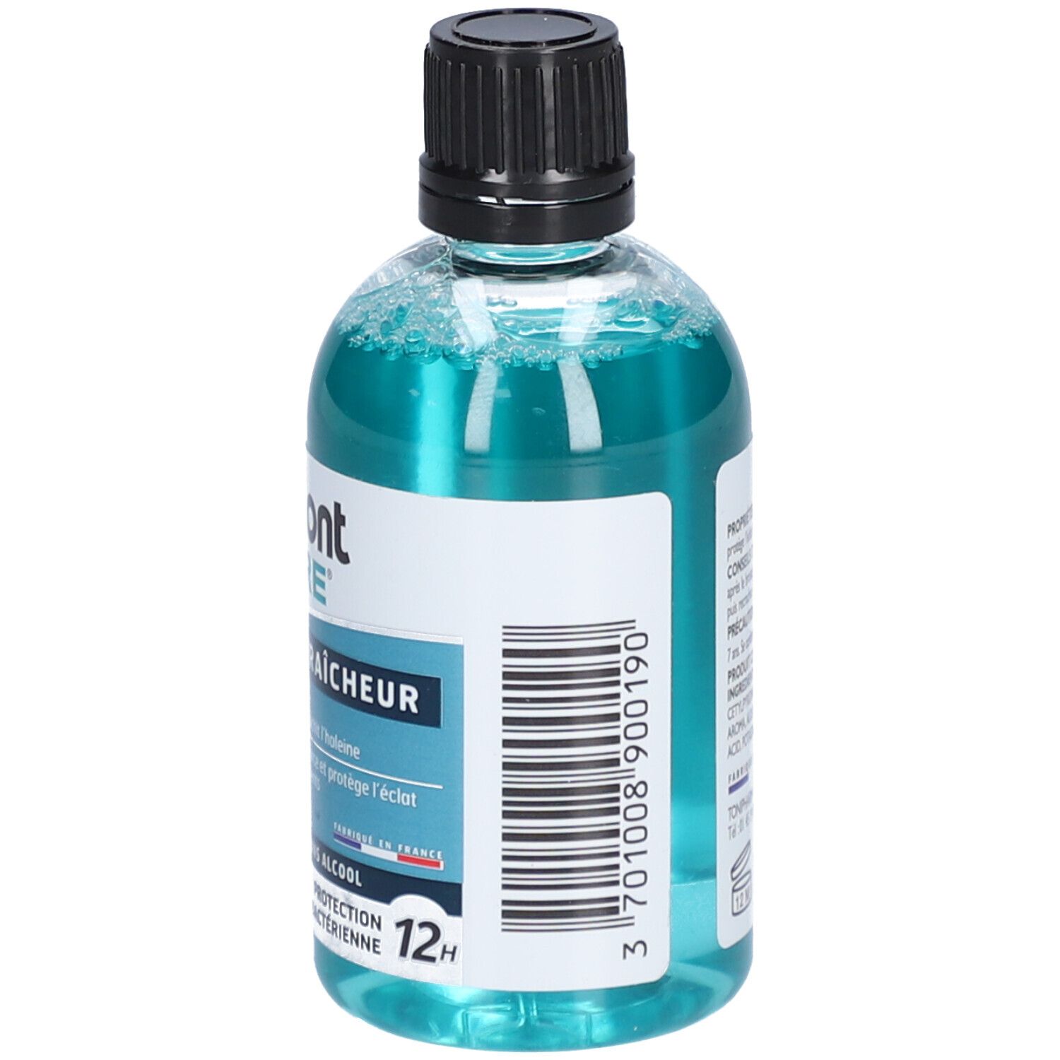 Transparante fles met blauwe vloeistof en zwarte dop. Achterkant met tekst en barcode. 100 ml.