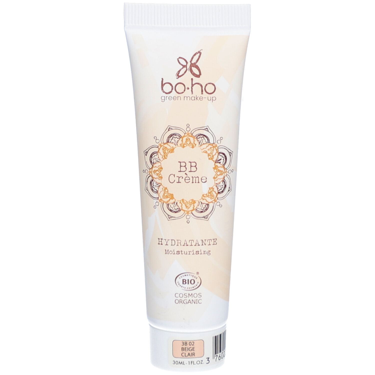 Tube BOHO BB Crème 02 Beige Clair. Opschrift: BB Crème, Hydratante, BIO. Beige tint, 30ml.