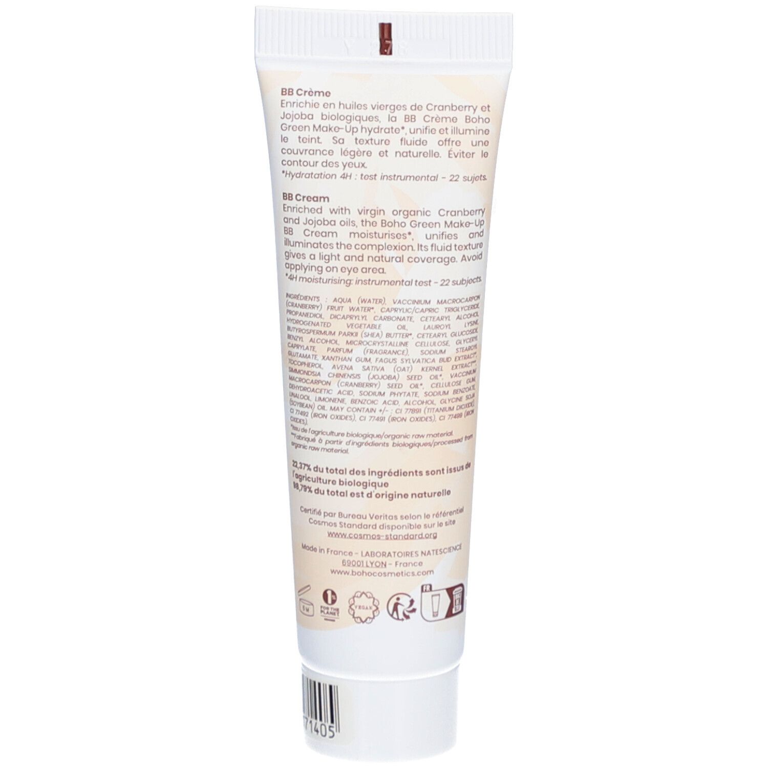 Achterkant tube BOHO BB Crème. Tekst: ingrediënten, beschrijving, certificering BIO COSMOS ORGANIC.