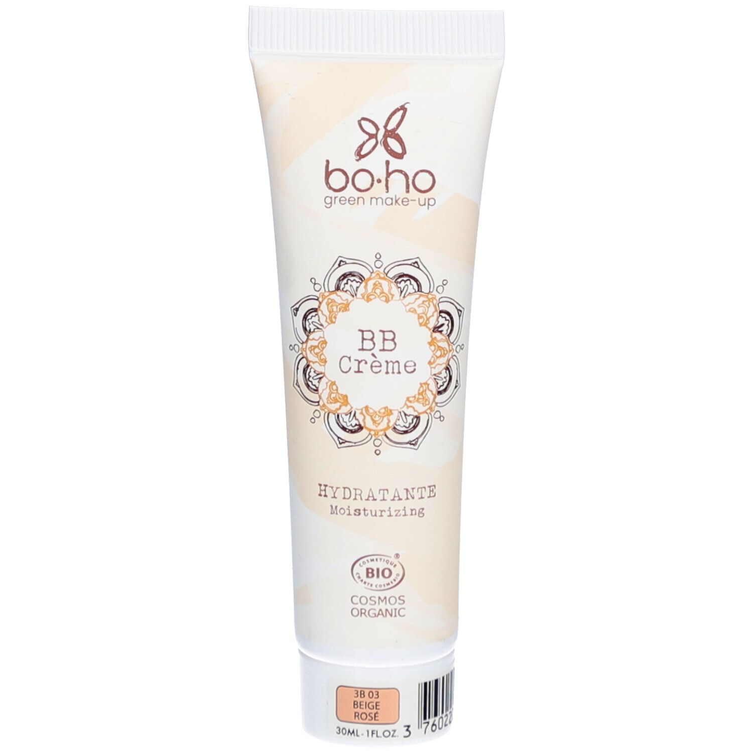 Tube de BB Crème bo-ho. Teinte Beige Rose. Inscription: BB Crème, Hydratante, logo Bio. Emballage crème et blanc.