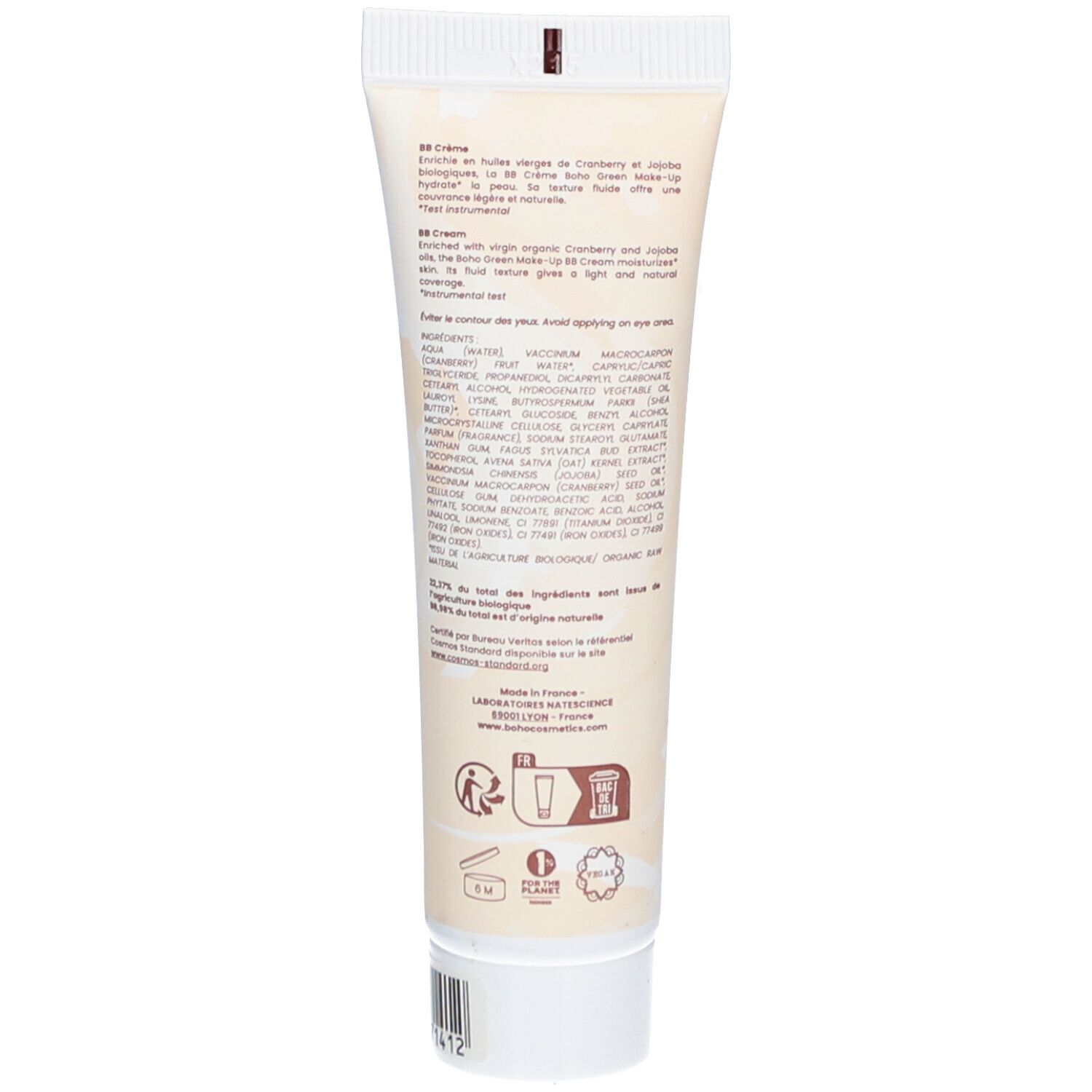 Dos du tube de BB Crème. Texte: ingrédients, instructions. Logo Bio. Couleur crème. Informations fabricant.