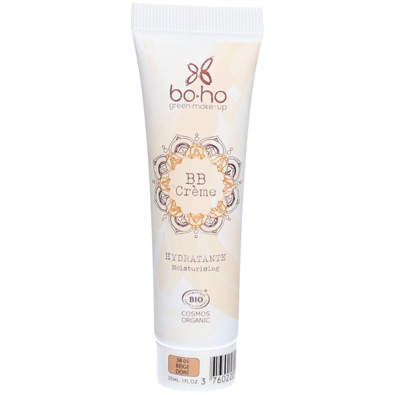 Tube de BB Crème BOHO. Beige Doré. Certifié Bio. Inscription: Hydratante. Contenance: 30ml.