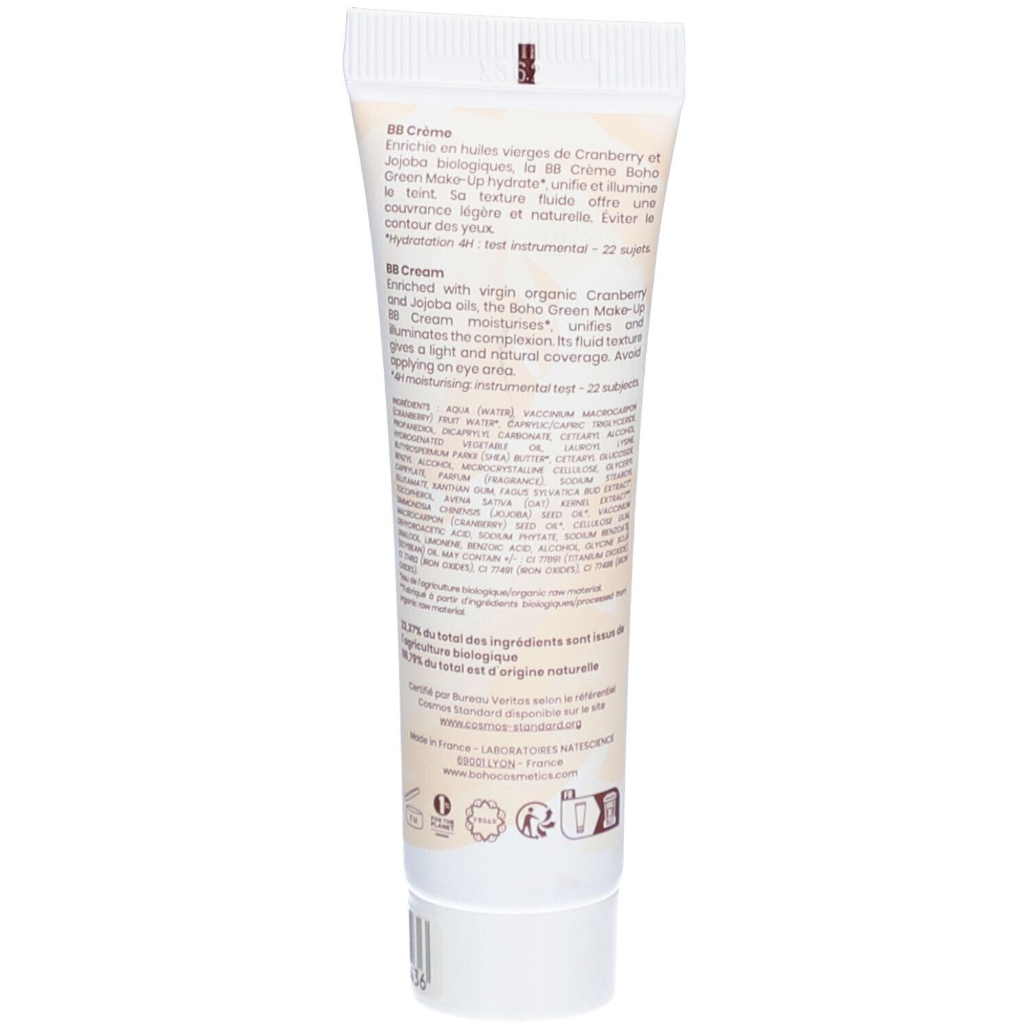 Dos du tube de BB Crème. Texte avec ingrédients et informations fabricant. Marque BOHO.